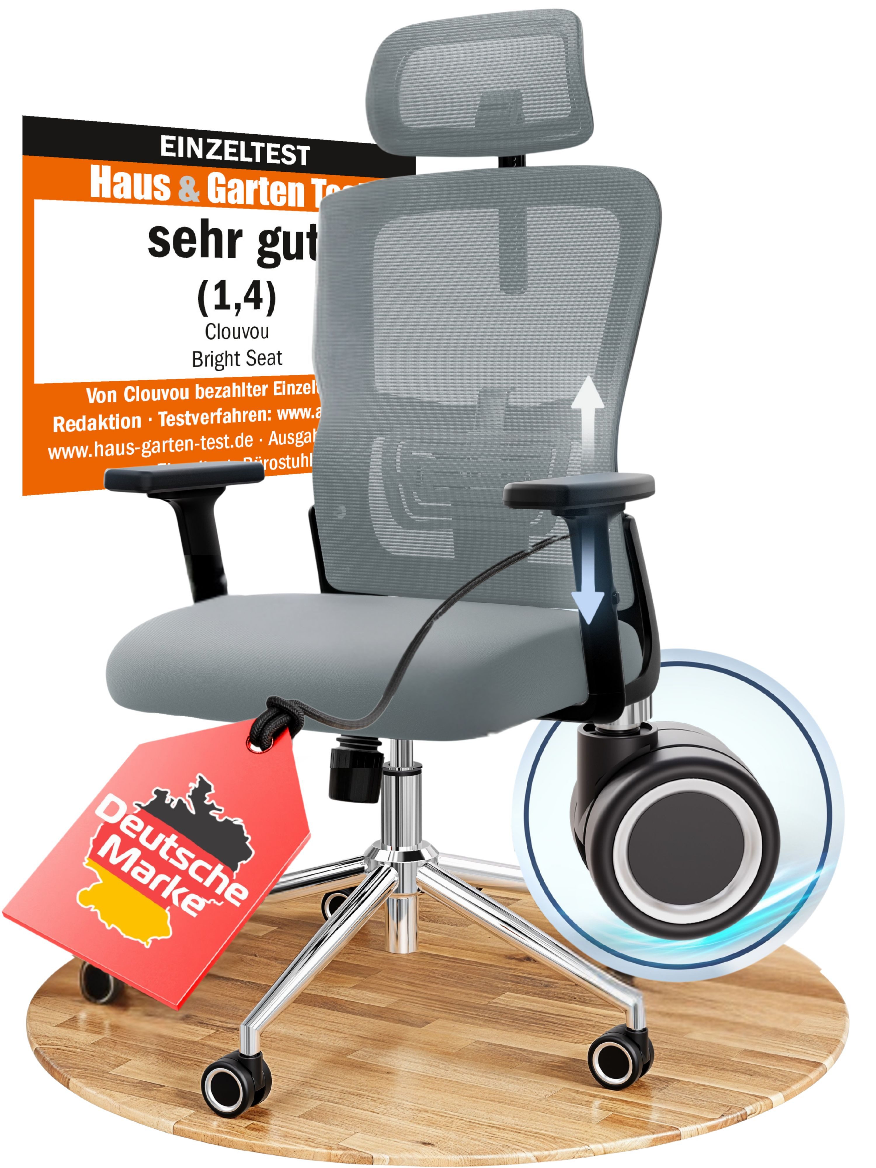 CLOUVOU Bürostuhl Ergonomisch, Schreibtischstuhl bis 150 kg - Testsieger (BrightSeat - Chefsessel für Arbeitszimmer, 2D Armlehne), Blade Wheels, Homeoffice, Gaming Stuhl, Drehstuhl