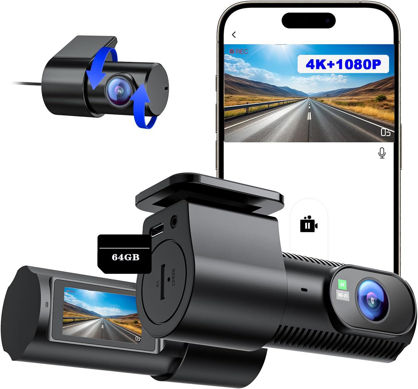 4K+1080P Dashcam Auto Vorne Hinten, Wi-Fi/APP Mini Dual Auto Kamera Dashcam