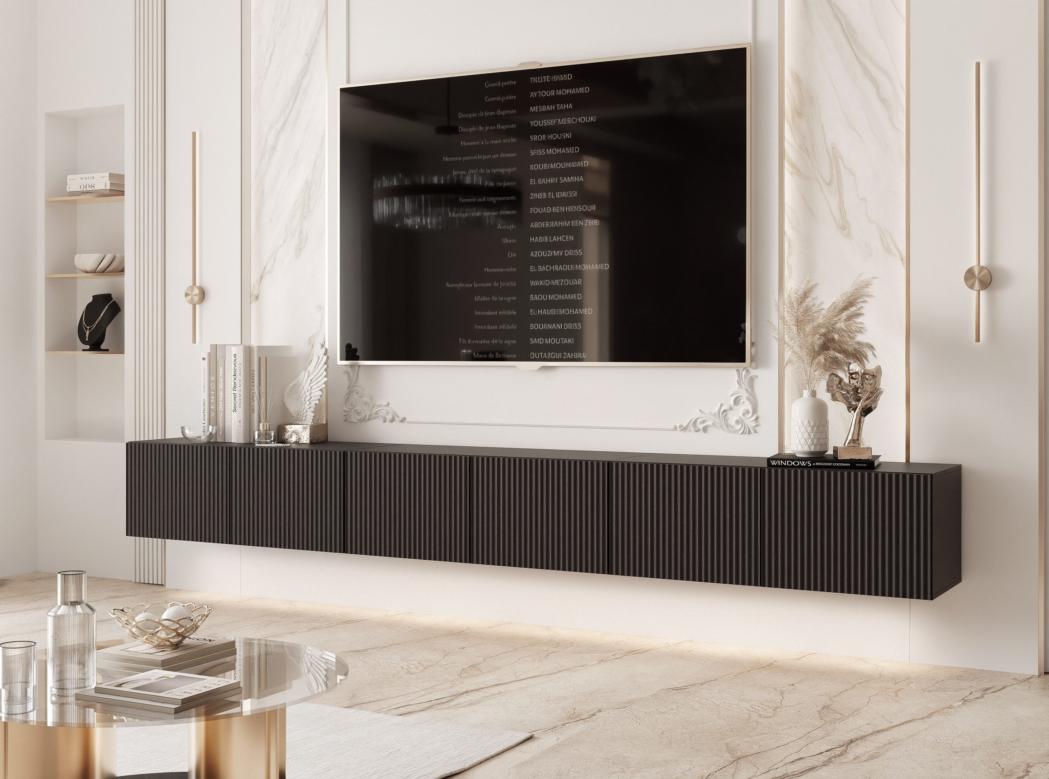 yourhouse24 Lowboard TV ANGEL 300 mit LED-Beleuchtung – Geriffelte Fronten