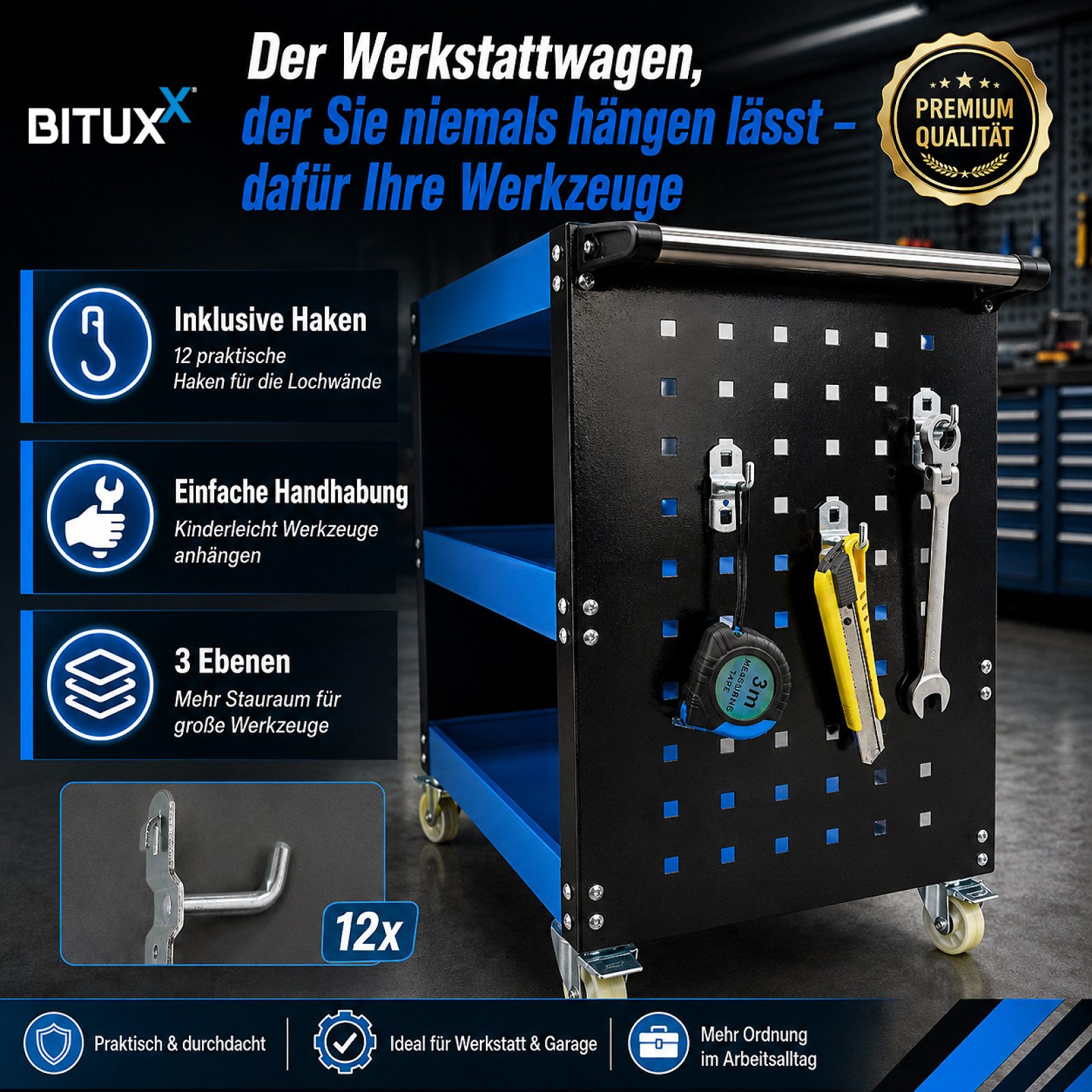 Bituxx Werkstattwagen Bituxx Werkstattwagen 3 Ebenen mit Lochwand und 12 Haken, (MS-19509)