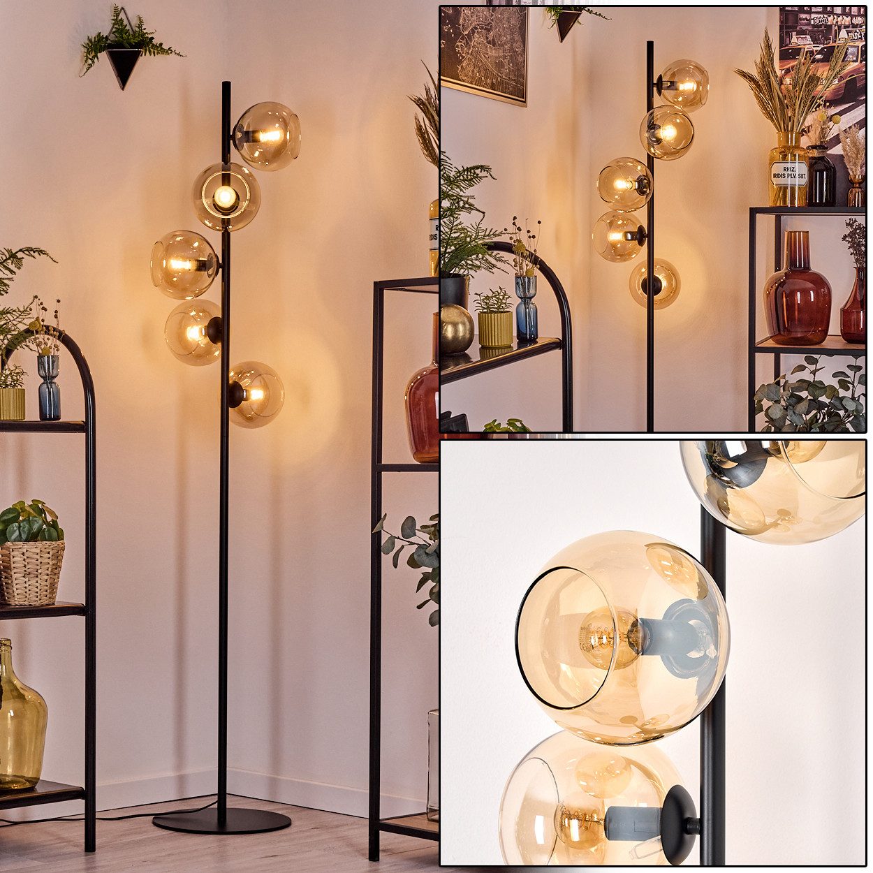 Stehlampe Stehlampe aus Metall/Glas in Schwarz/Bernsteinfarben mit Fußschalter