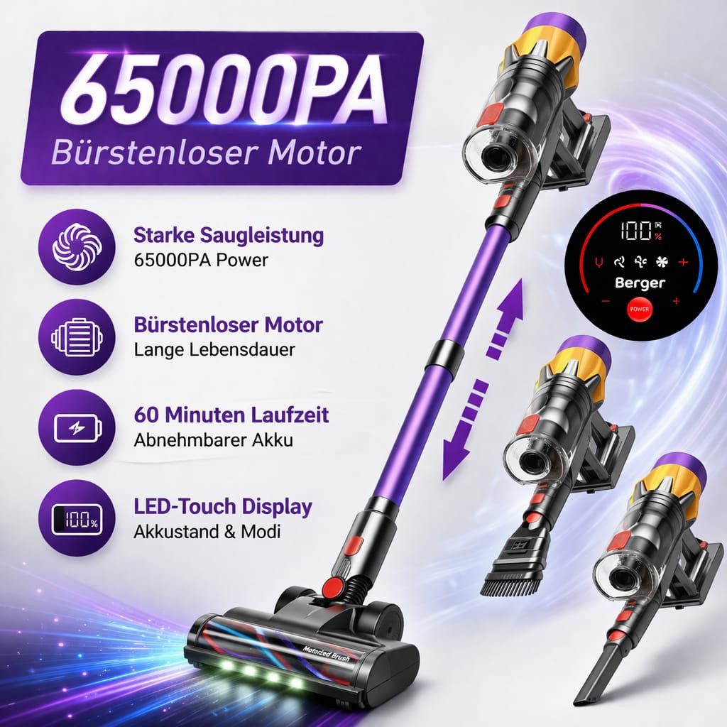BERGER ELECTRONICS Akku-Stielstaubsauger Akku Staubsauger, Staubsauger Kabellos, 65000 Pa/600W, 70min Laufzeit, 600 W, beutellos, Bodenstaubsauger, Hochwertige Verarbeitung