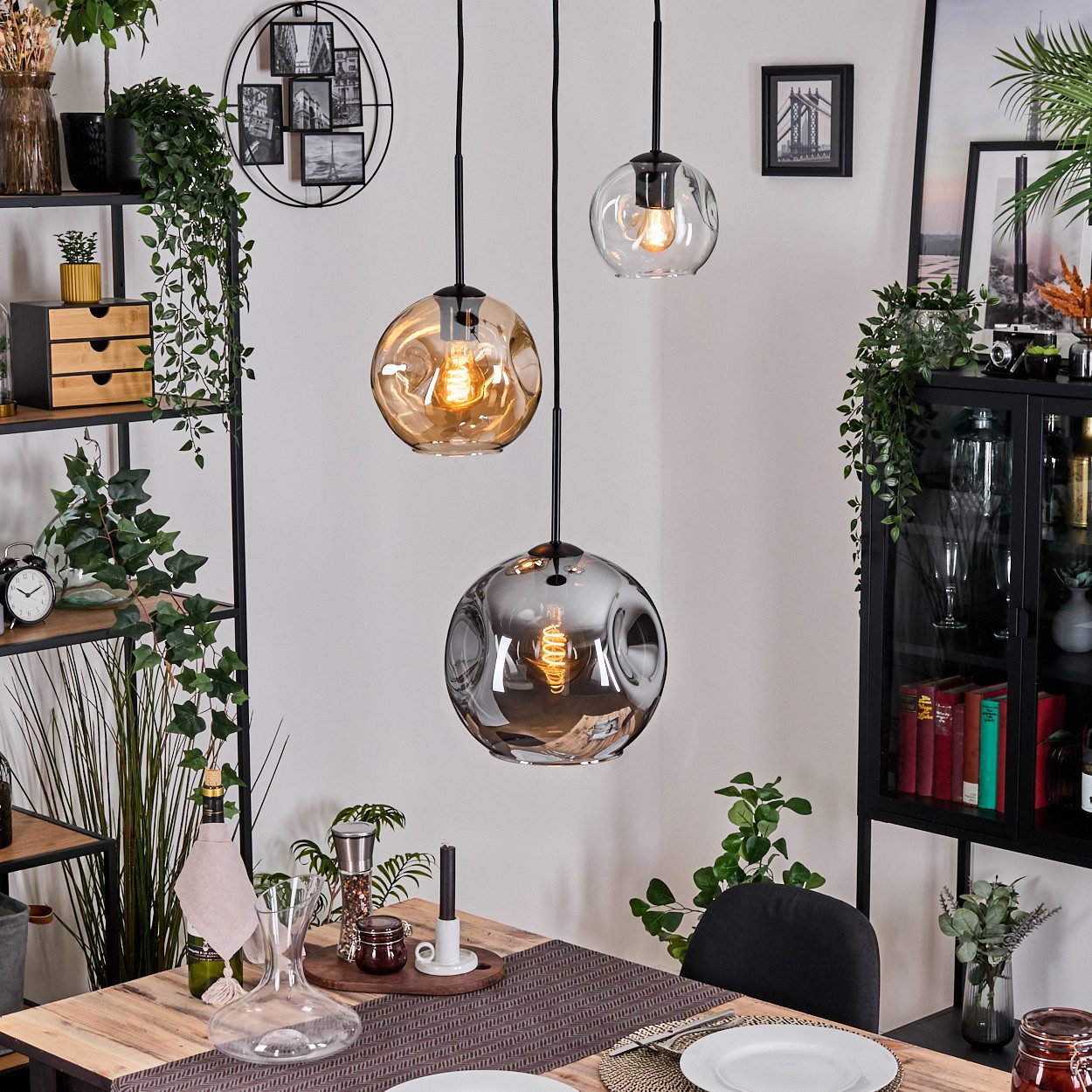 hofstein Hängeleuchte Hängelampe aus Metall/Glas in Schwarz/Bernstein/Rauch/Klar, Hängeleuchte im modernen Retro/Vintage-Design (15; 20; 25 cm),3xE27