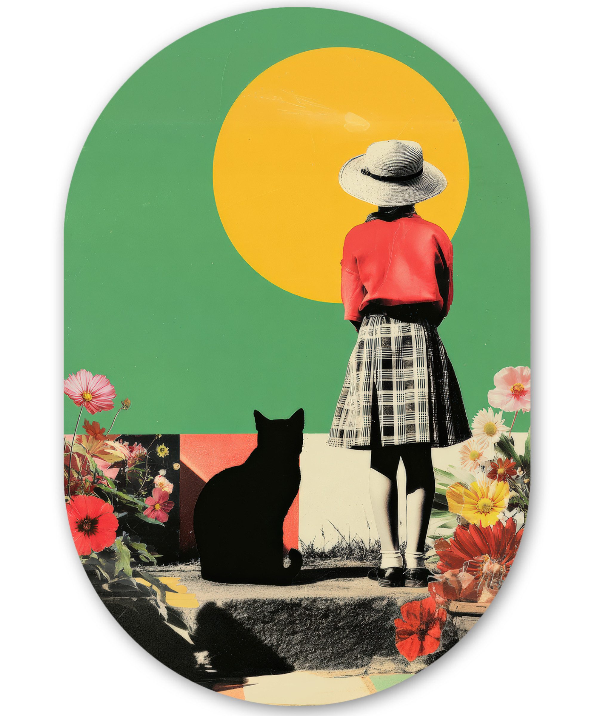 MuchoWow Картина Retro - Mädchen - Katze - Sonne, Fotodruck (1 St), Wandbild Oval, Wohnzimmer oder Schlafzimmer Wanddekoration, 40x60 cm