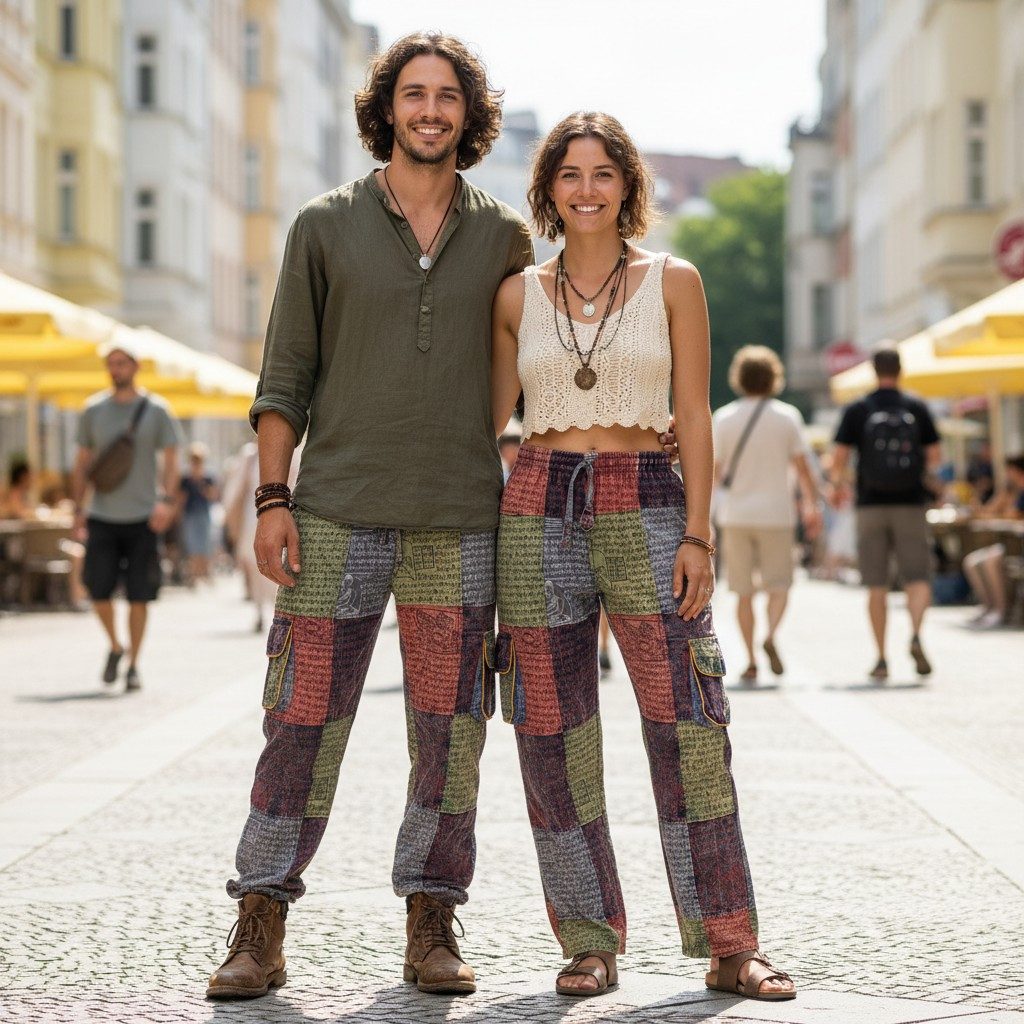 Guru-Shop Relaxhose Patchwork Cargohose, bequeme Mantra Print.. Ethno Style, alternative Bekleidung