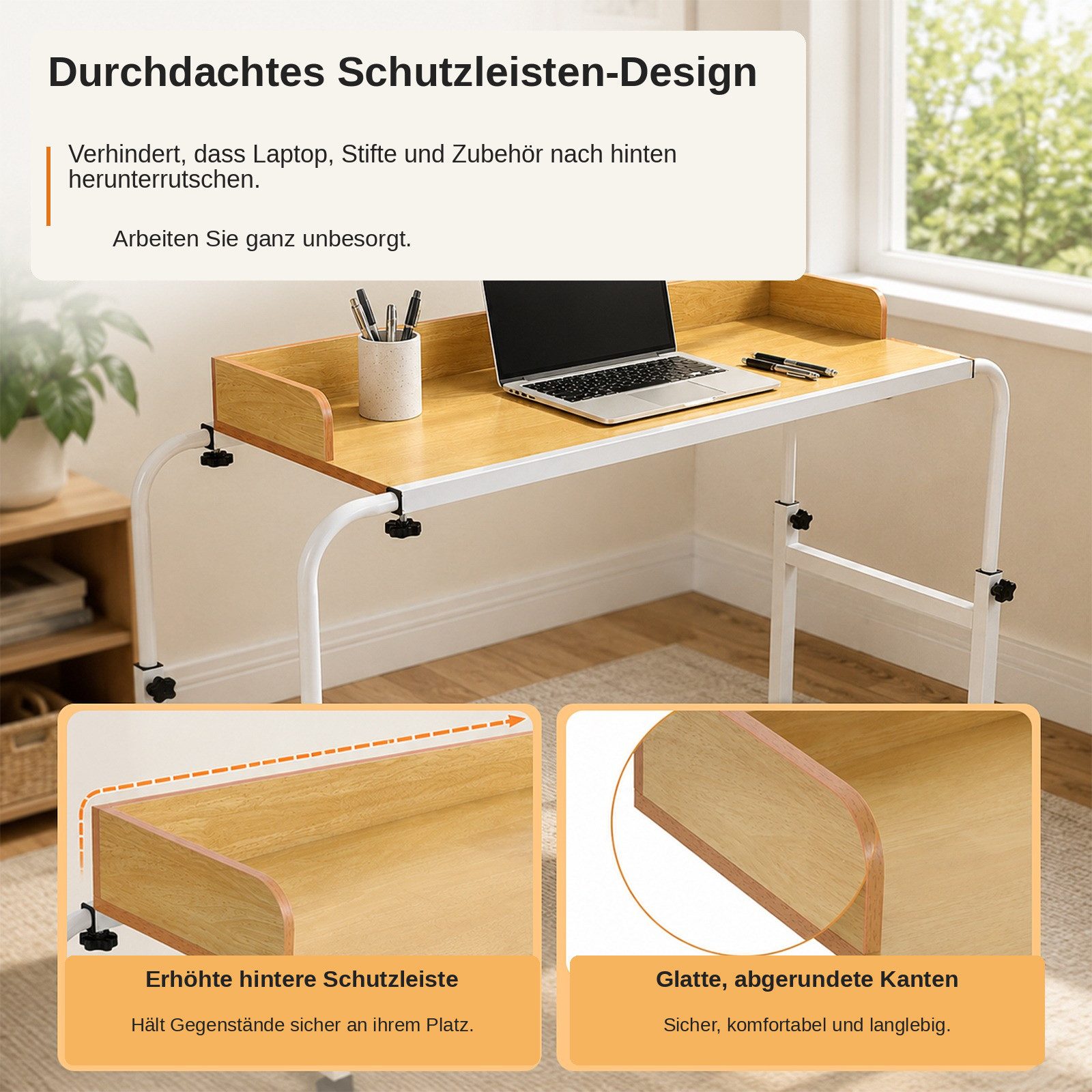 BlingBin Wangentisch Überbetttisch mobiler Betttisch Beistelltisch Laptoptisch mit 4 Rollen (1er Set, 1-St., 120-210 x 45 x 65-95 cm (L x B x H), Höhenverstellb – Bild 5 von 5