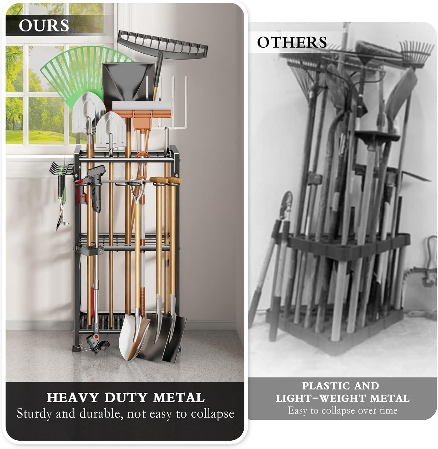 ibettertec Gartengerätehalter Gartengerätehalter mit Haken, Aufbewahrungsregal, Kohlenstoffstahl, (Aufbewahrungsregale, mehrstöckige Regale mit Haken, Geeignet für Innenhöfe und Gärten, Aufbewahrungswerkzeuge)