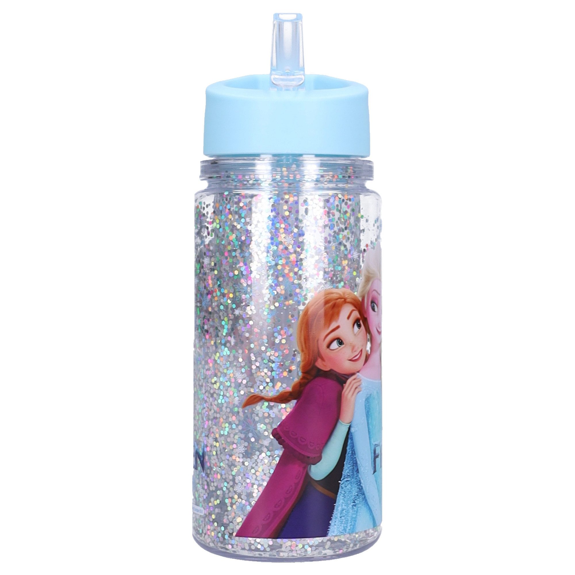 Disney Frozen Trinkflasche Kinder 300 ml mit Strohhalm Doppelwand Flasche Elsa Anna Glitzer