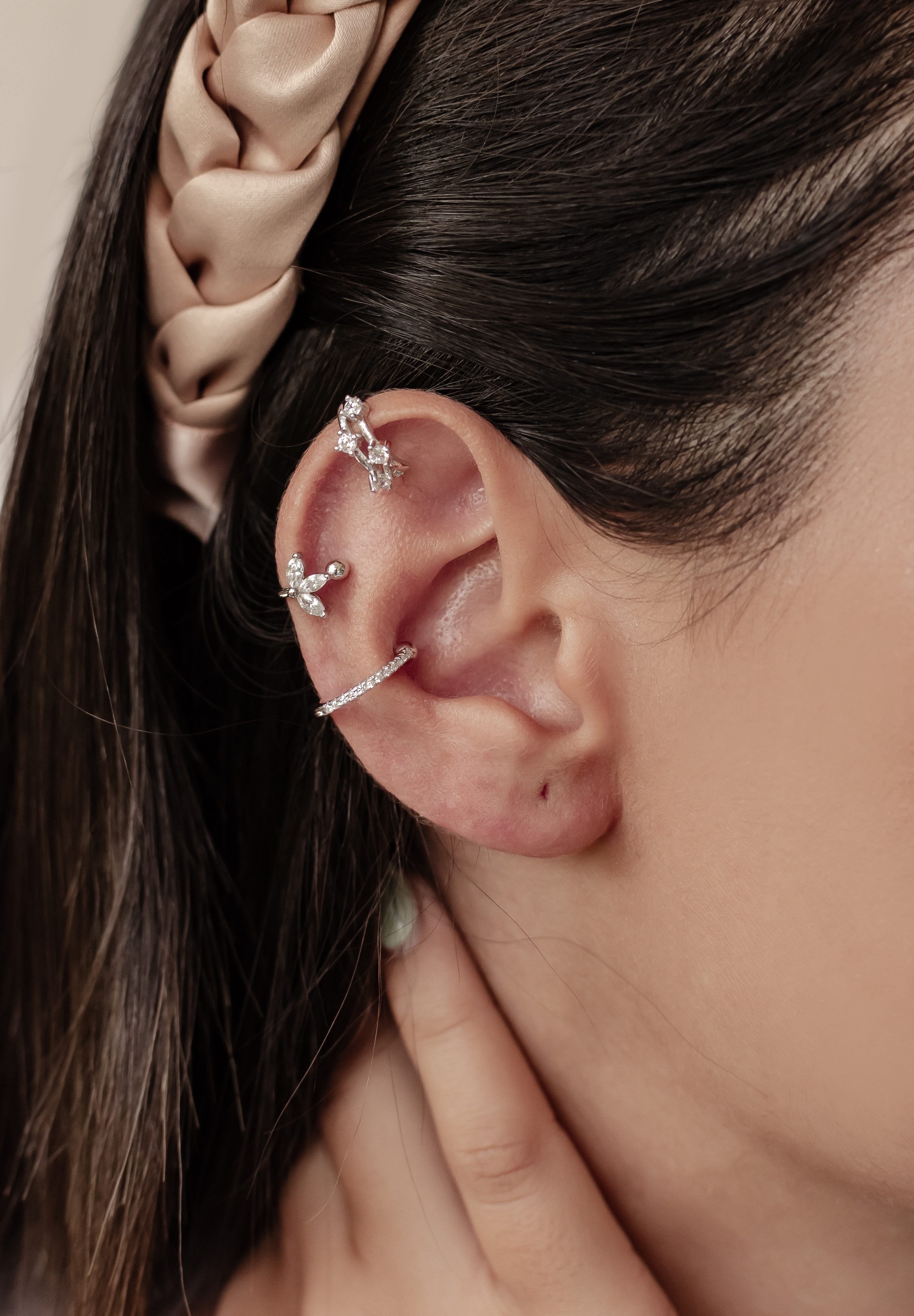 Hey Happiness Ohrklemmen-Set 3er Kristalle, Ear Cuff Silber 925 Damen, Vergoldetes Layer Set 3-tlg., Ohrringe ohne Loch
