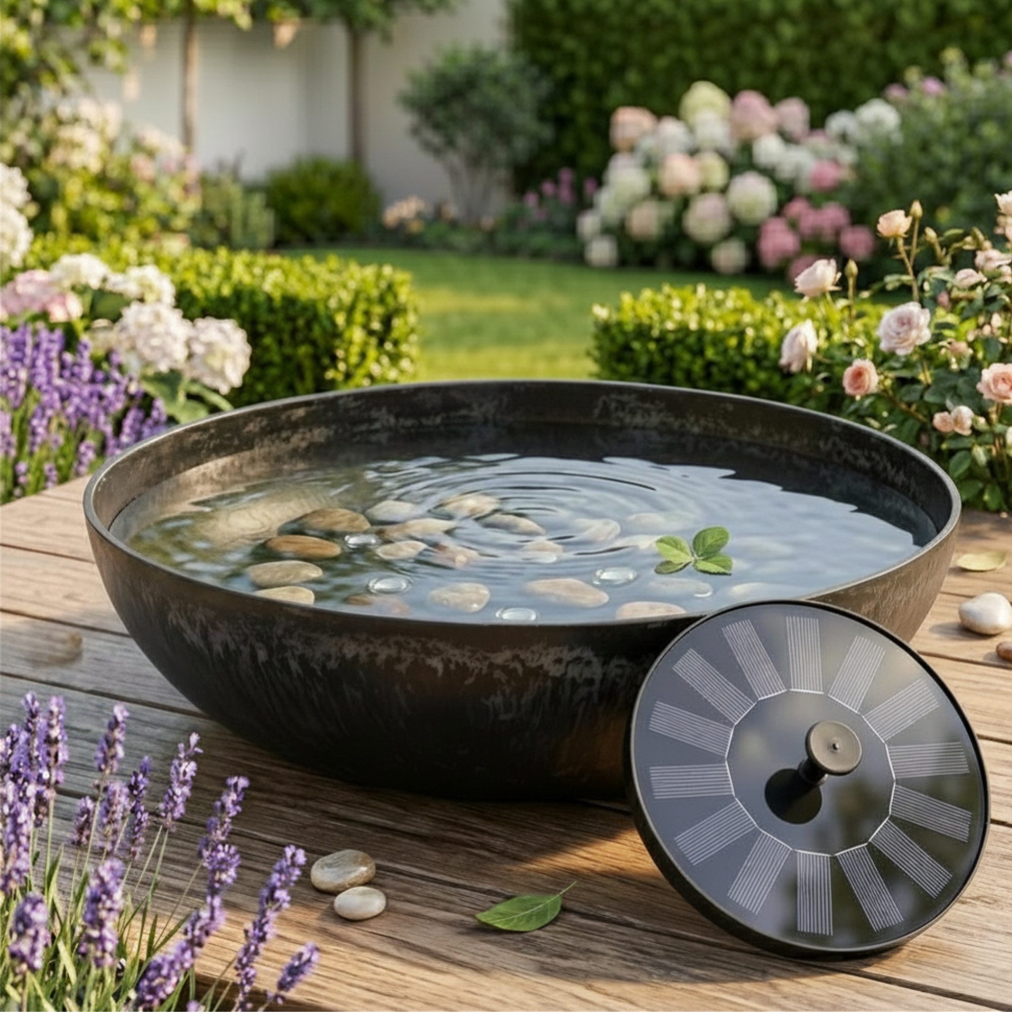 matches21 HOME & HOBBY Wasserspiel Solar Brunnen Set inkl. Akku - 45 cm bauchige Schale in schwarz, (2 tlg), Solar Springbrunnen und Brunnenschale als Gartendeko