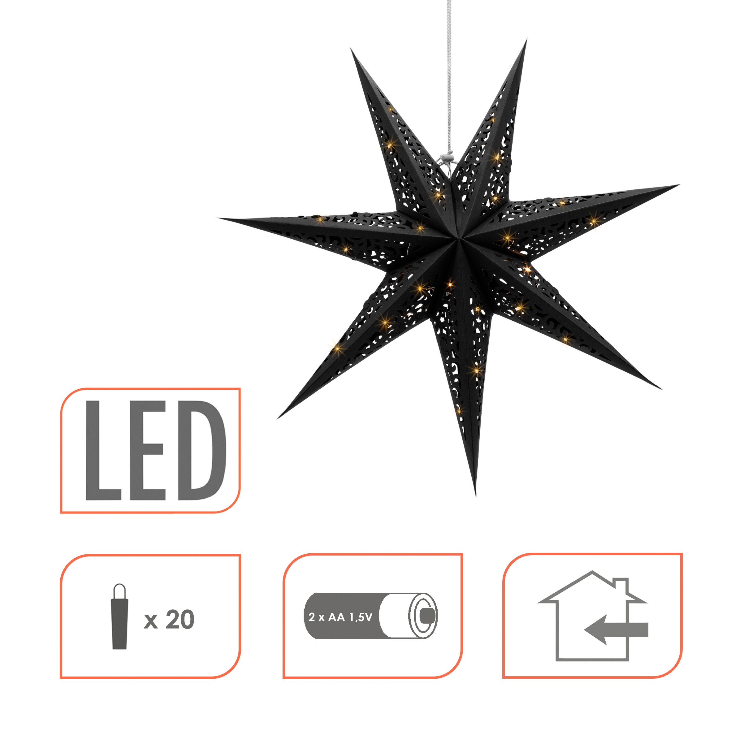 Spetebo LED Stern Deko Leuchte Weihnachtsstern aus Papier in schwarz, Hägend, LED fest integriert, warm weiß, zum aufhängen