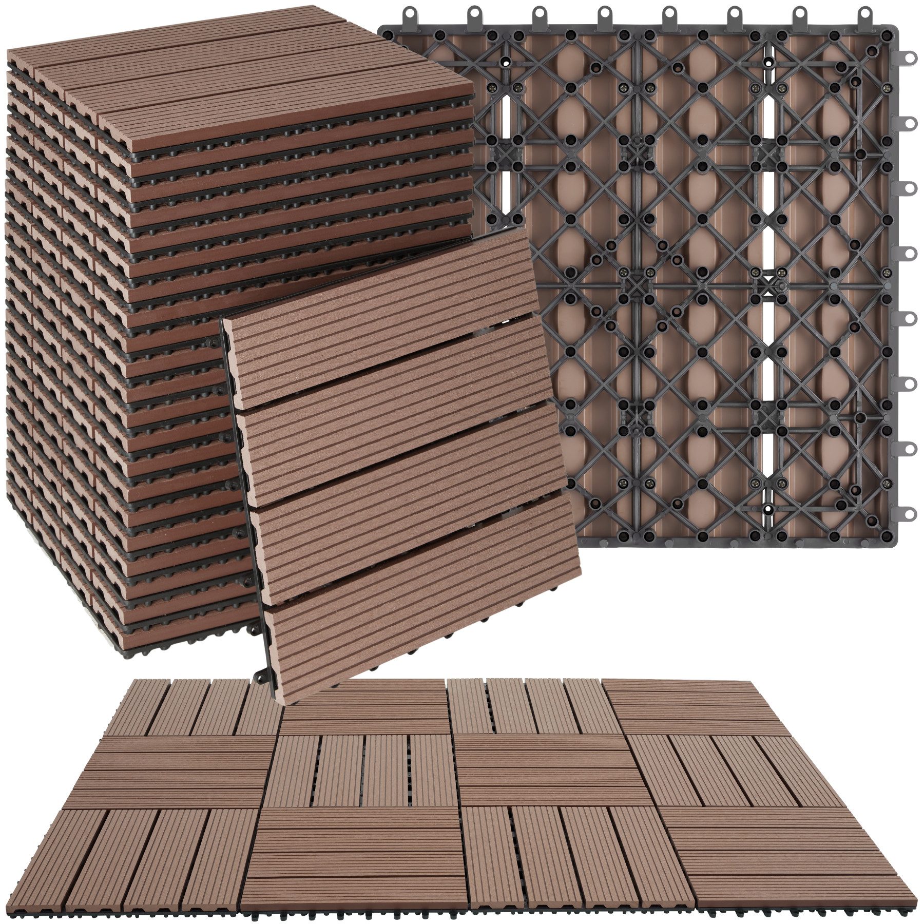 tectake Terrassendielen Terrassenfliesen 22er Set im Klicksystem, 31 x 31 x 2,2 cm, 2,1142 m², BxL: je 31,00x31,00 cm, (Terrassenplatten Außenbereich Tegulas, 22-St., in braun), robustes WPC in Holzoptik, mit Drainage, wetterfest