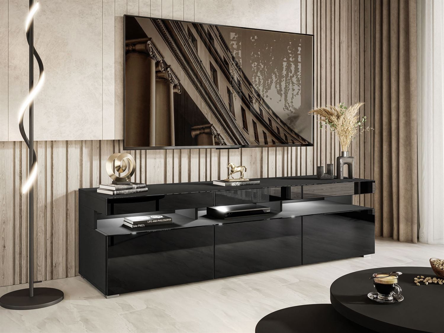 ALLHOUSE24 TV-Schrank MILANO 180 cm LED Beleuchtung Unterschrank Griffe oder Push to Open (1x TV Schrank) Breite 180 cm