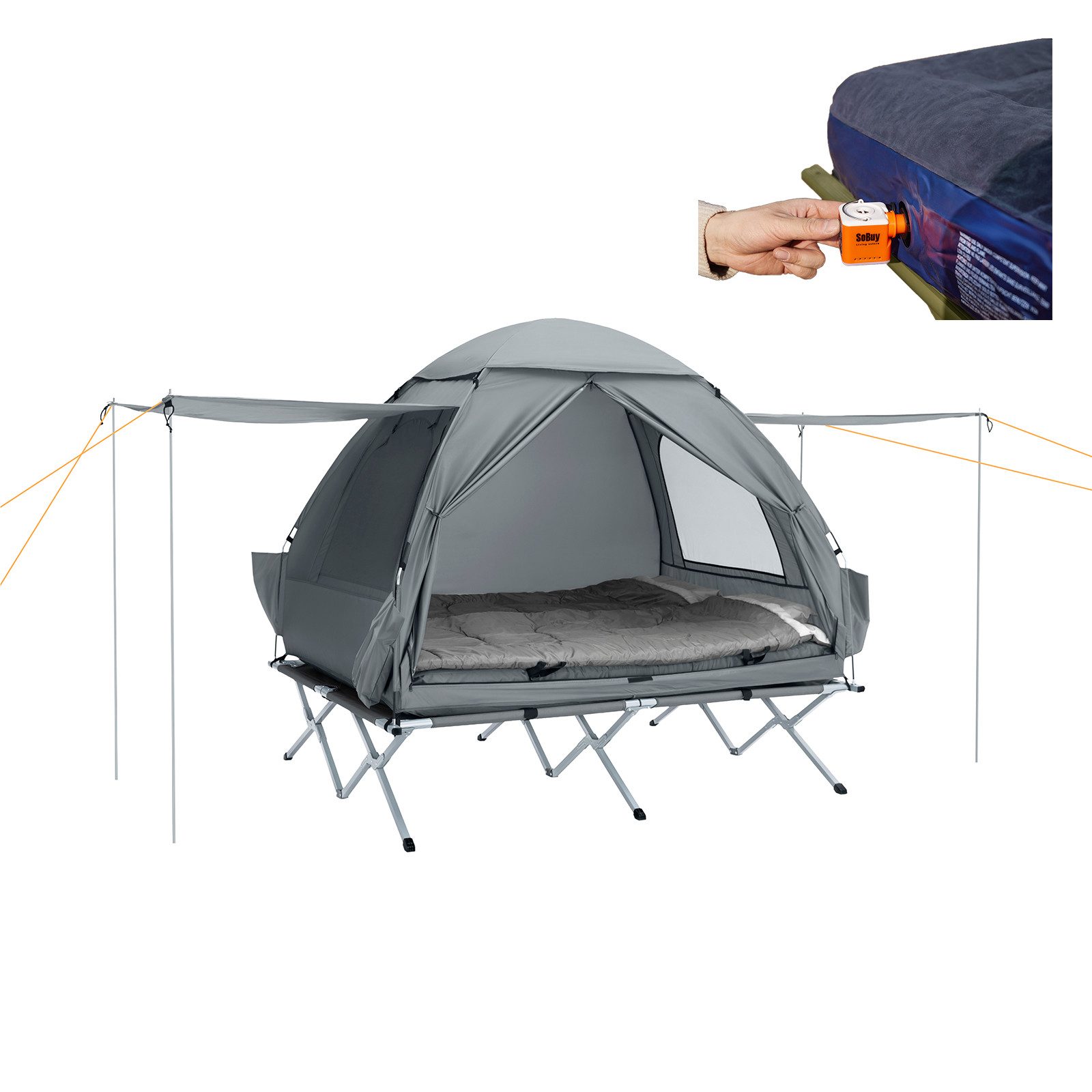 SoBuy Feldbett OGS32, Vorzelt Wasserdichtes Campingbett Campingliege Familienzelt Feldbett mit Zelt 1/2 Personen 7in1 Wurfzelt mit Luftpumpe,Campingzelt