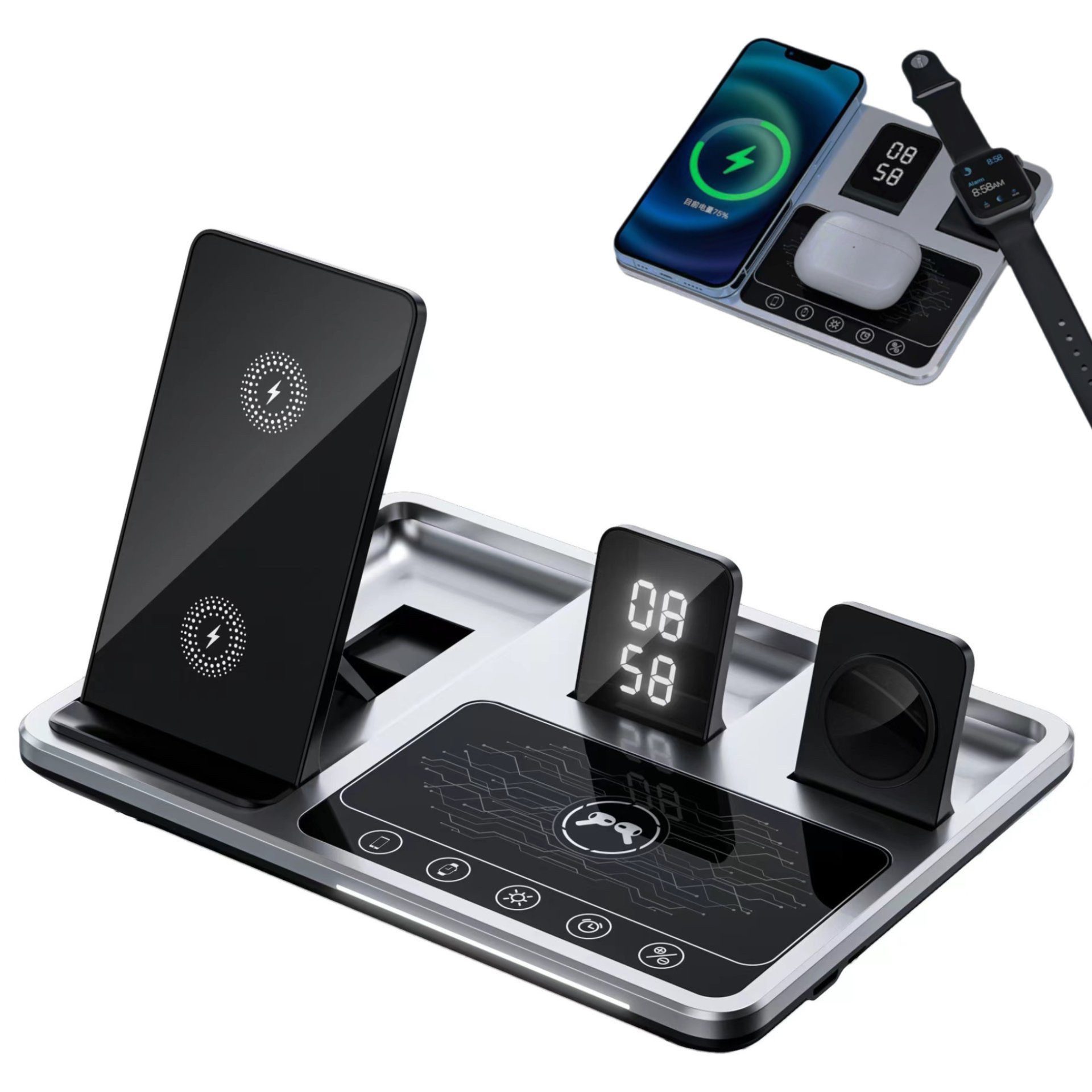 Forrlite Ladestation ladegerät 4 in 1 Induktive Ladegerät, Wireless Charger Ladestation (Automatische Hebefunktion, Zeitanzeige, Nachtatmungslicht)