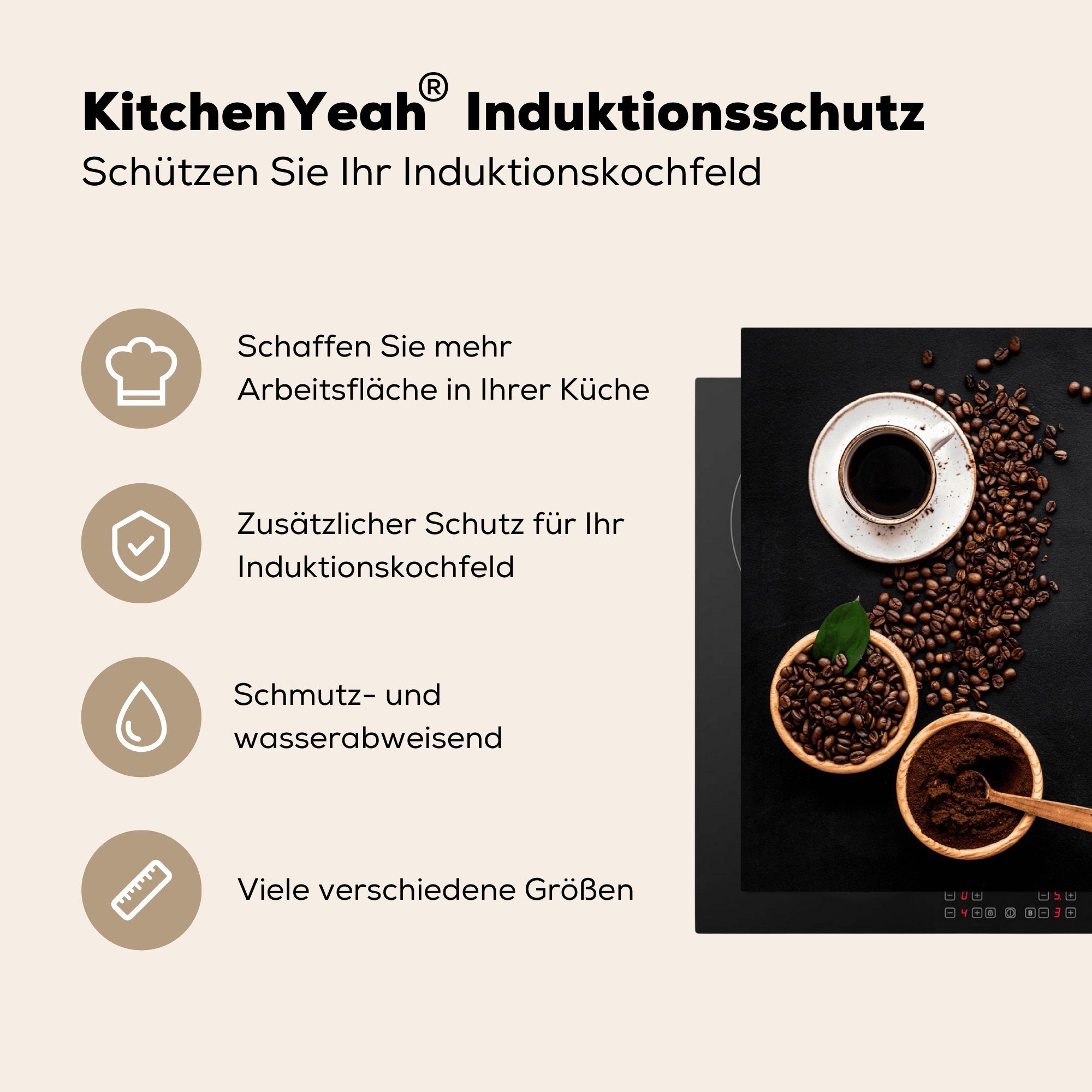 MuchoWow Herdblende-/Abdeckplatte Das Leben 83x51 Vinyl, Induktionsschutz Kaffee dem nach - für Kaffee -, Arbeitsplatte (1 - beginnt cm, tlg), Ceranfeldabdeckung, küche
