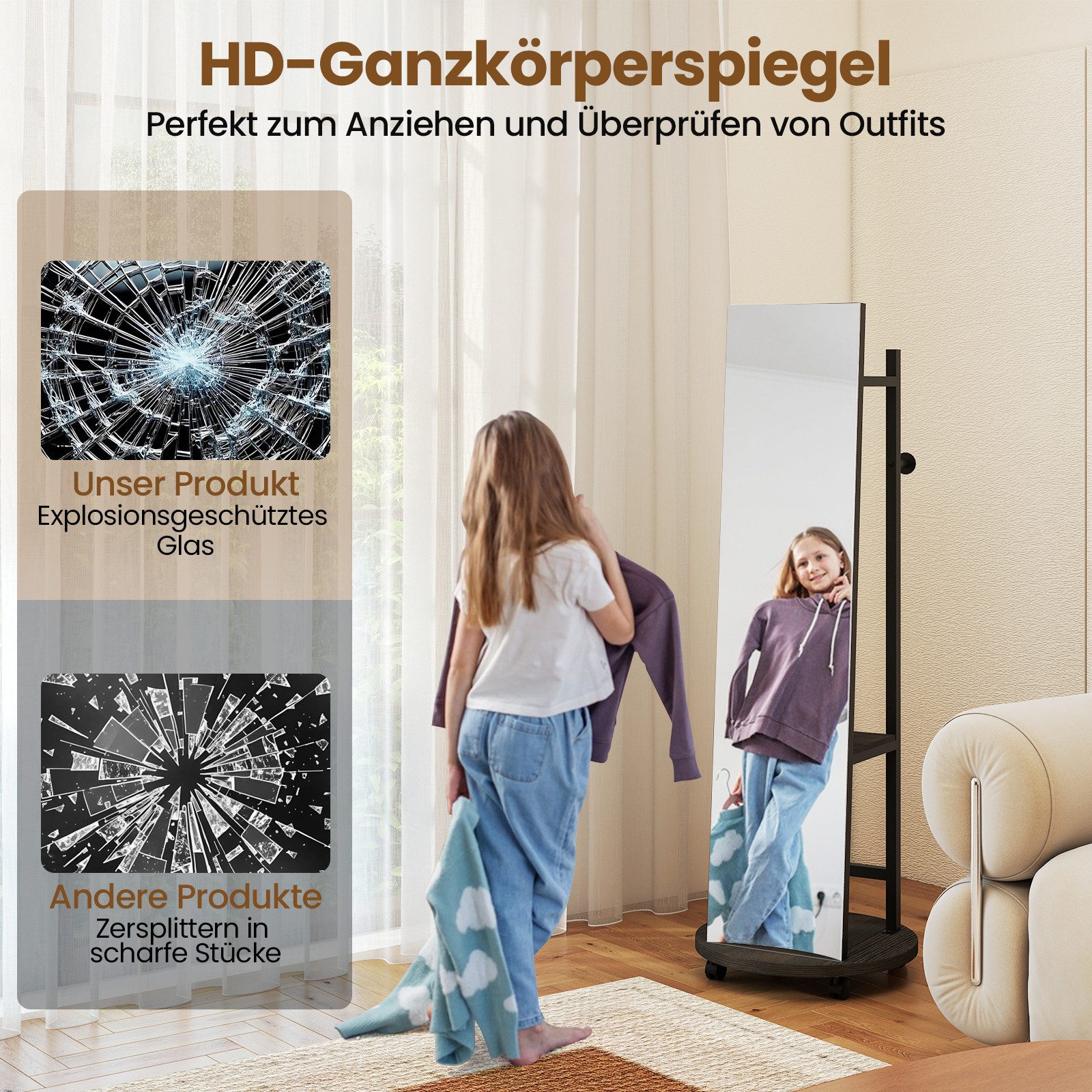 COSTWAY Kleiderständer, mit Ganzkörperspiegel 2in1, Standspigel, mit Ablage