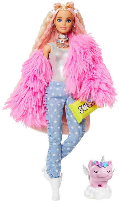 Barbie Anziehpuppe EXTRA, blond, mit flauschiger rosa Jacke