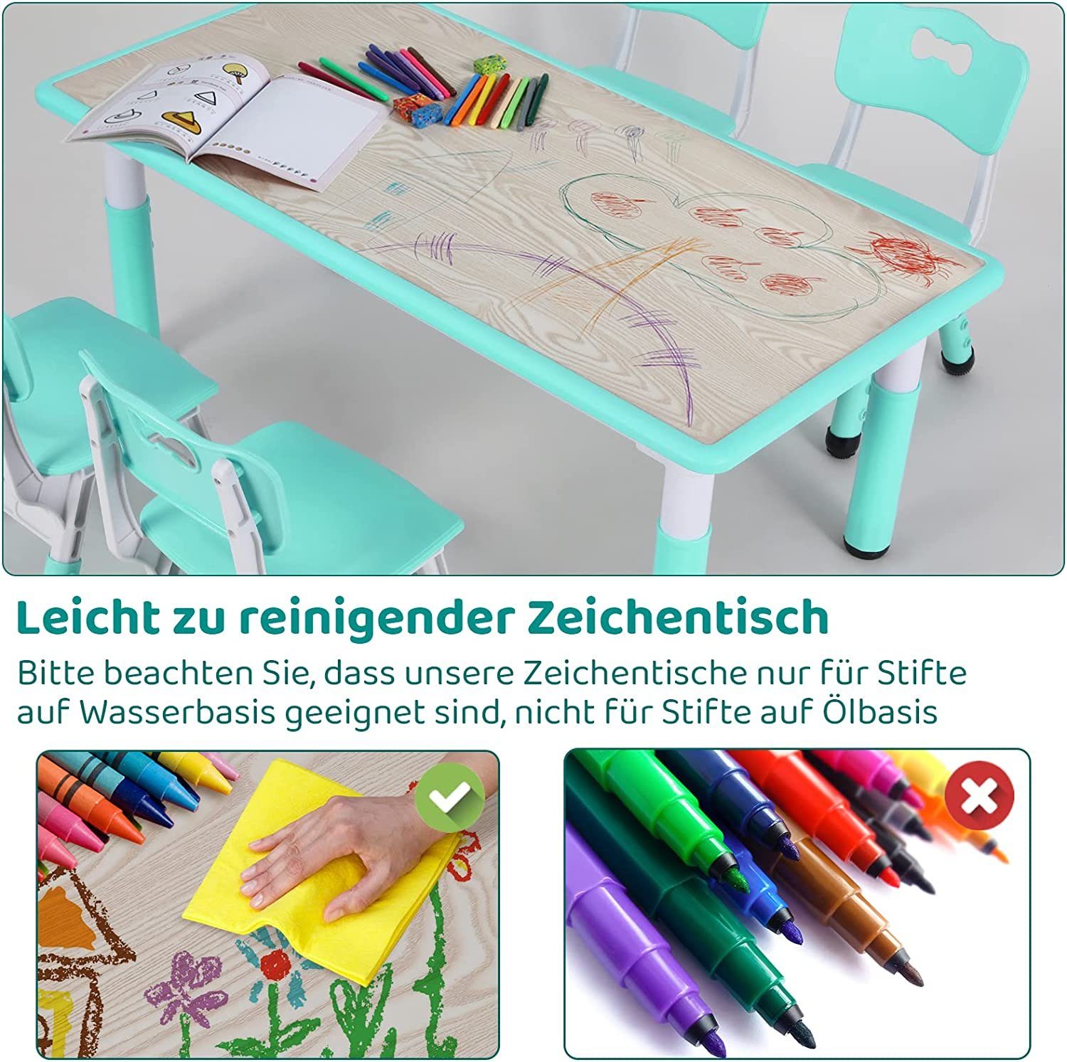 Kindersitzgruppe Minzgrün 4 Set TLGREEN Stühlen, Tisch Kindertisch Stuhl mit Höhenverstellbar