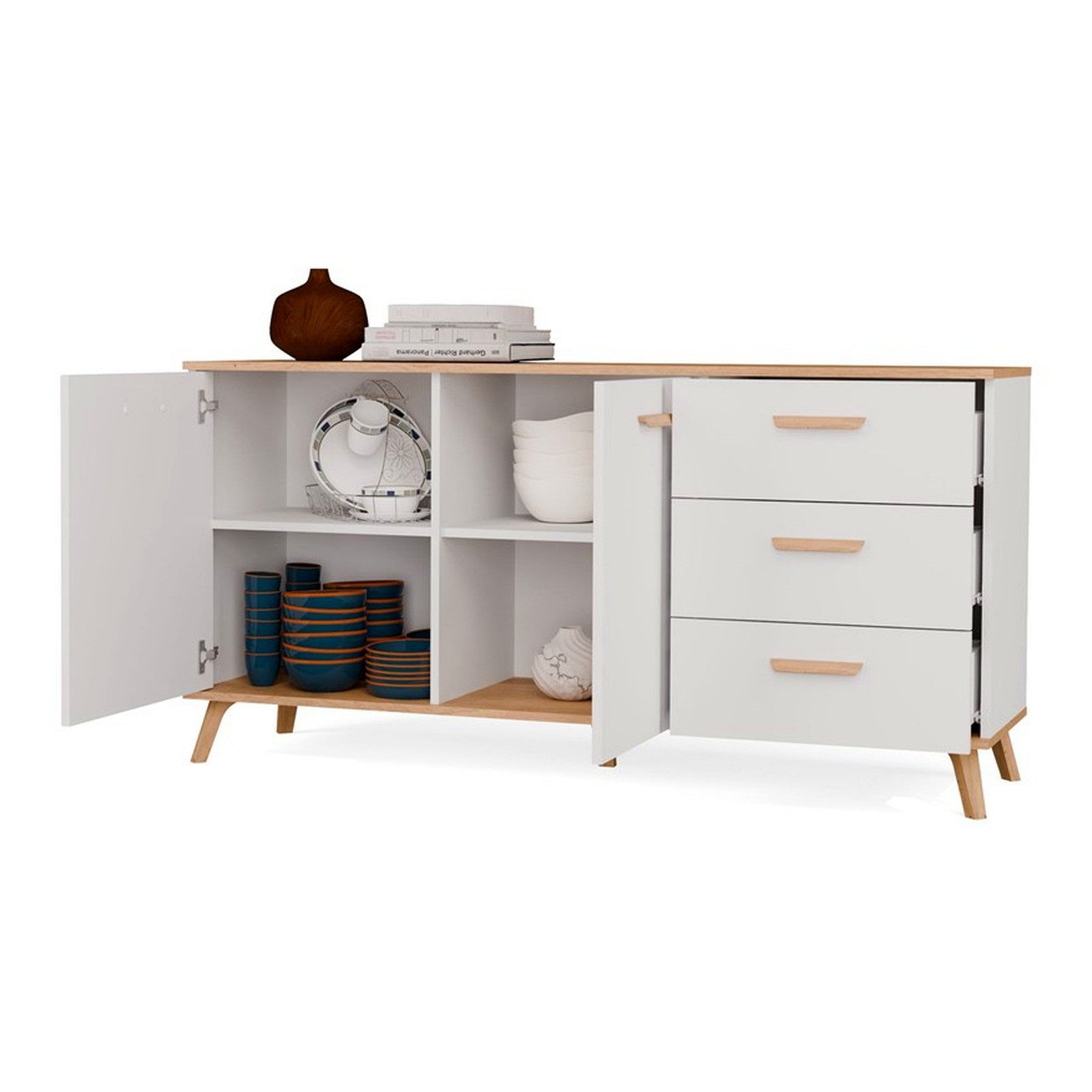 ibonto Eckkommode Kommode skandinavisch weiß Eiche, 150 cm, 3 Schubladen