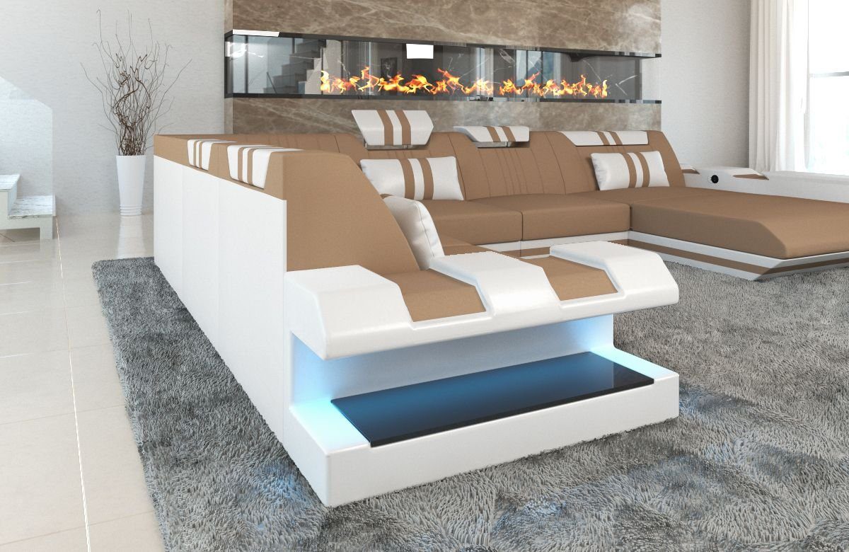 mit U Sofa Wohnlandschaft Stoff wahlweise Apollonia Form Sandbeige-Weiss Stoffsofa, Dreams Schlafsofa, Designersofa Sofa mit Bettfunktion als Polster C66 Couch XXL LED,