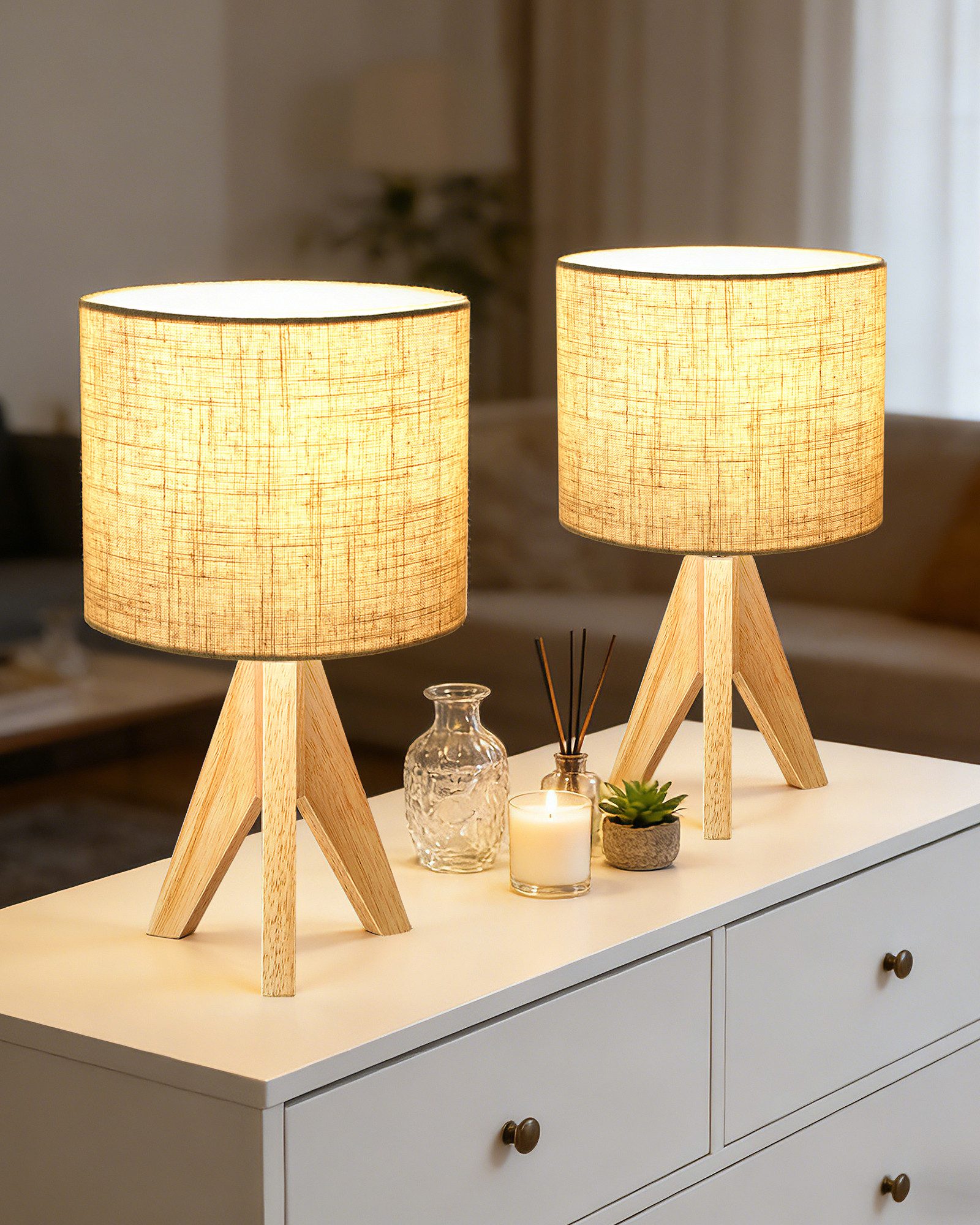 EDISHINE Nachttischlampe 2er Set aus Holz mit Leinenlampenschirm dreibeinig, LED wechselbar, warmweiß, H36 cm Tischlampe mit Leuchtmittel