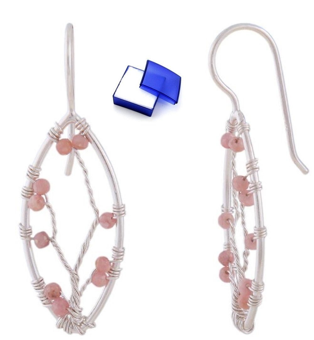unbespielt Paar Ohrhänger Ohrringe Spitzoval mit Geflecht und rosa Steinen Rhodonit 925 Silber, Silberschmuck für Damen | Ohrhänger