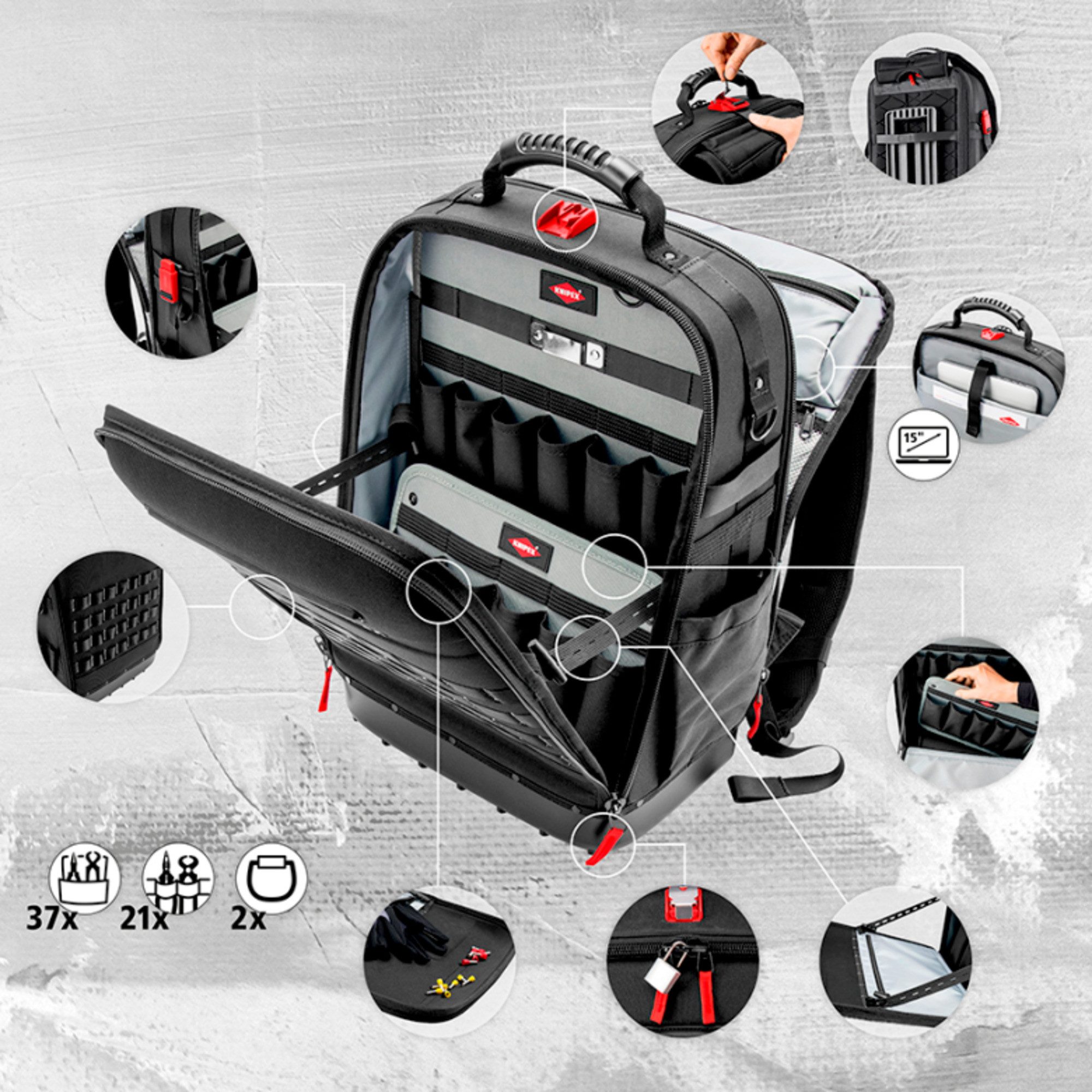 Knipex Werkzeugset KNIPEX Werkzeugrucksack Modular X18 Sanitär, (17-tlg)