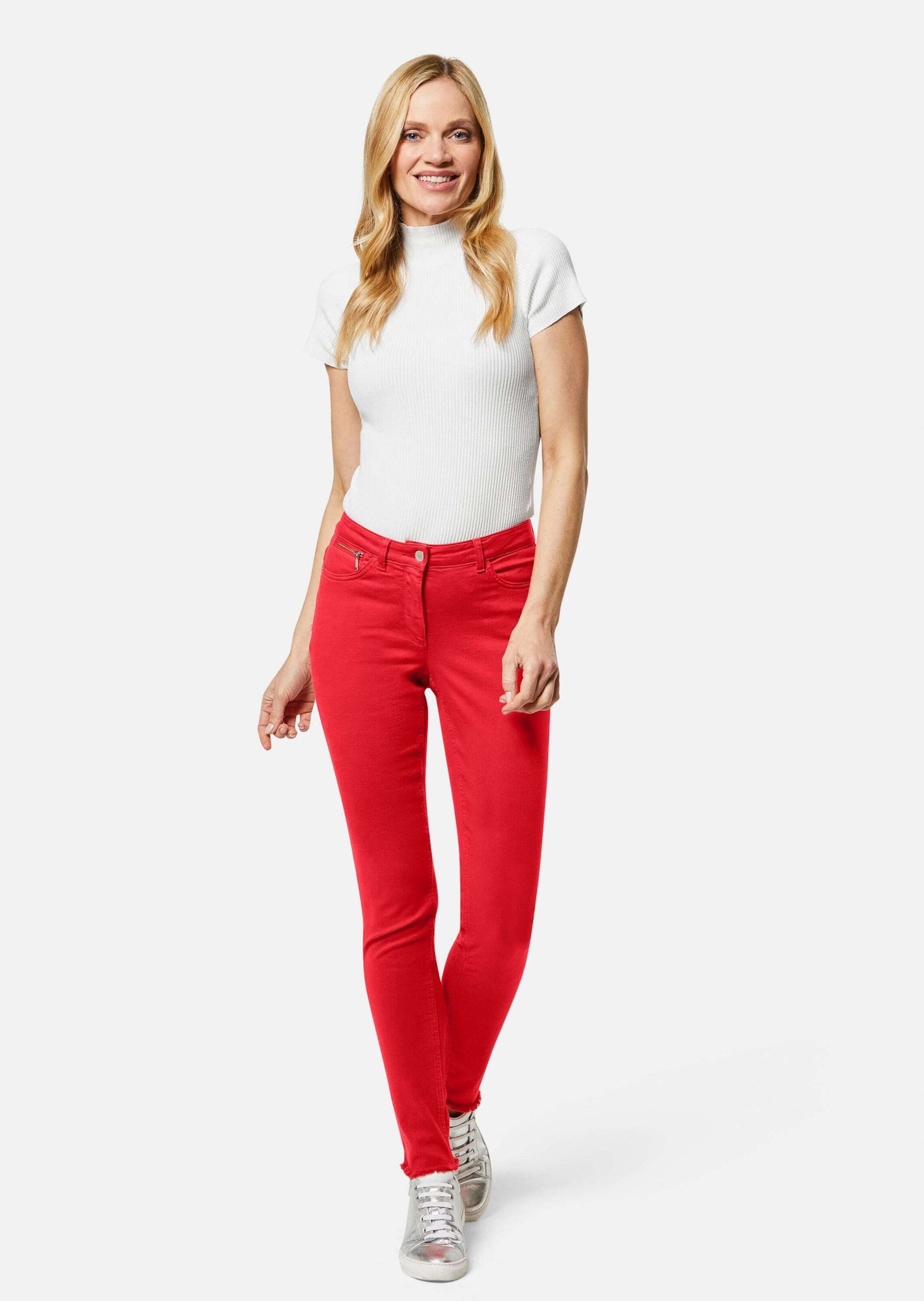 MADELEINE Gerade Jeans Mid Waist Skinny-Hose mit Fransen Fransenhose in schmale Silhouette, Five-Pocket-Stil