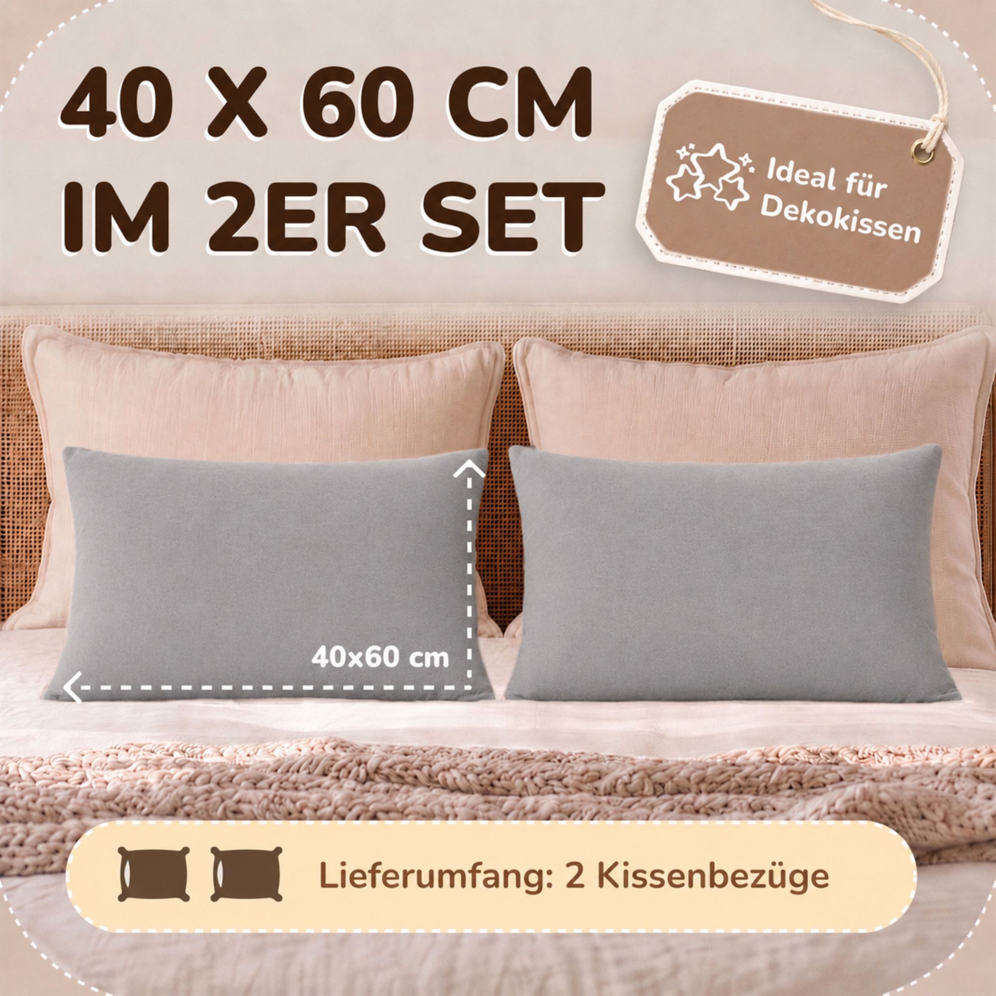 leevitex® Kissenbezüge Kissenbezug 40 x 60 cm, Grau, (2 Stück), feine Jersey-Qualität, 100% Baumwolle, robuster Reißverschluss