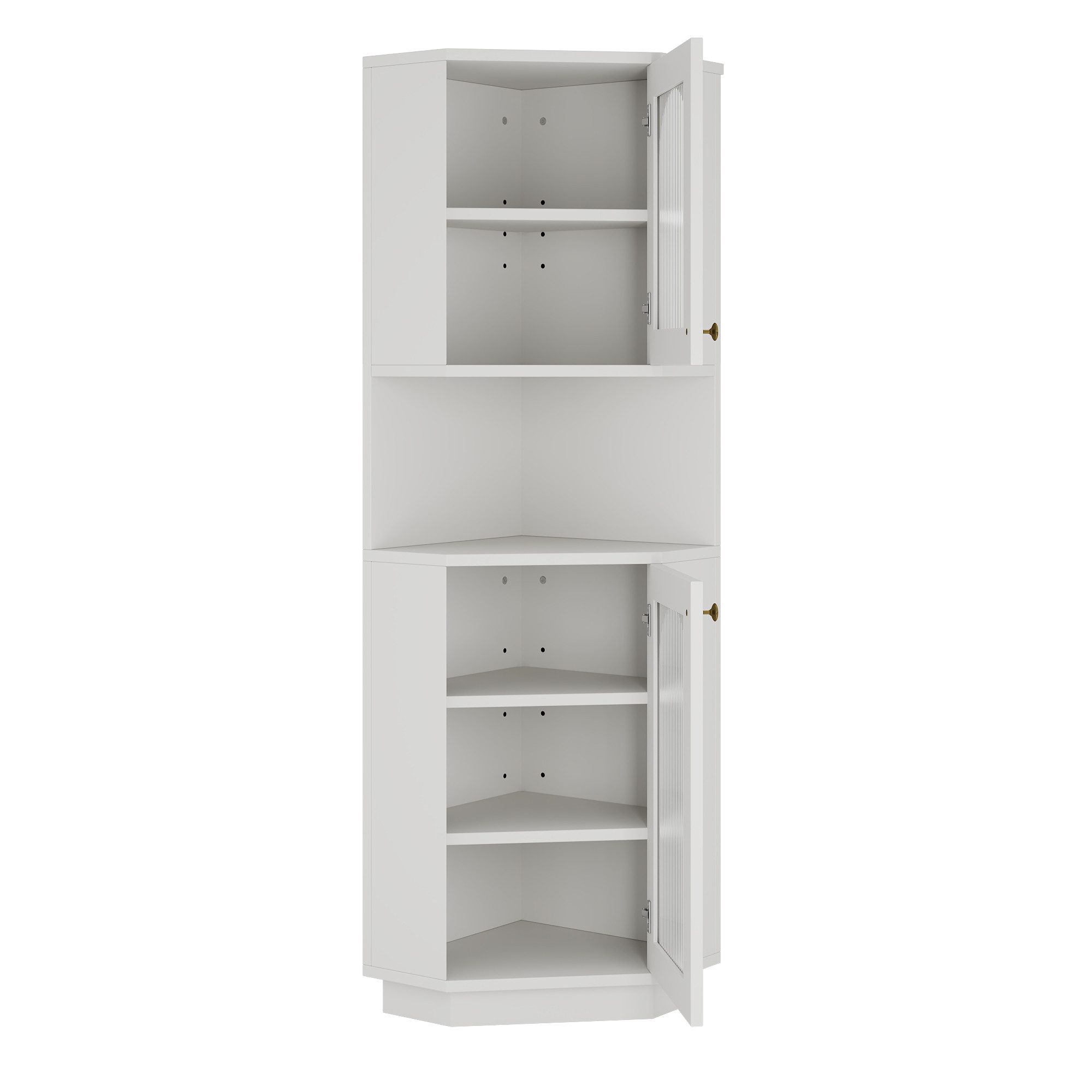 Flieks Badkommode Eckschrank mit LED-Beleuchtung Hochschrank (1 St., mit verstellbaren Einlegeböden, B45/H166,5 cm), Dreieckiger Badezimmerschrank mit 2 Glastüren und 6 Fächern