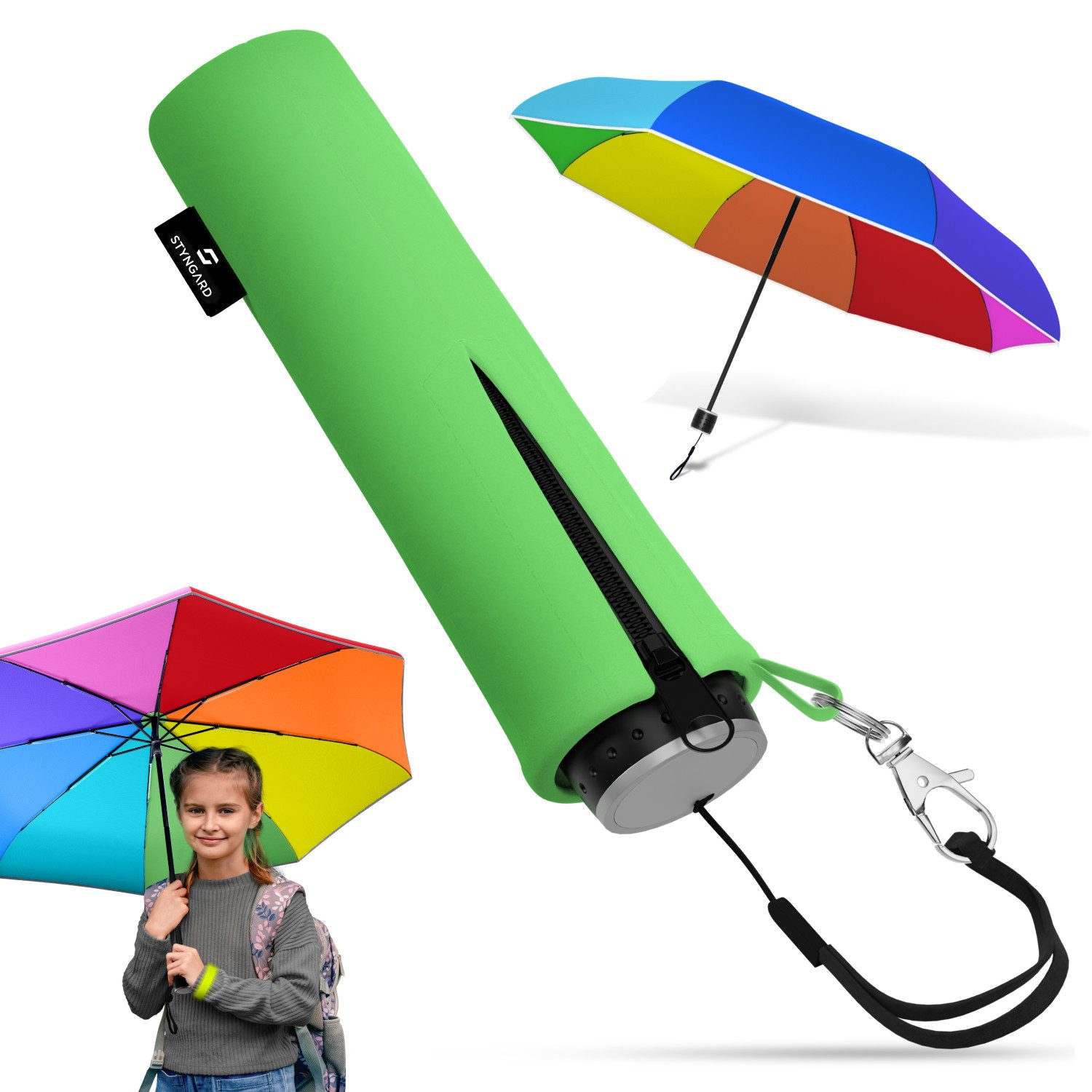 Styngard Taschenregenschirm Stockholm, Kinderregenschirm mit Reflektoren und Klatschband