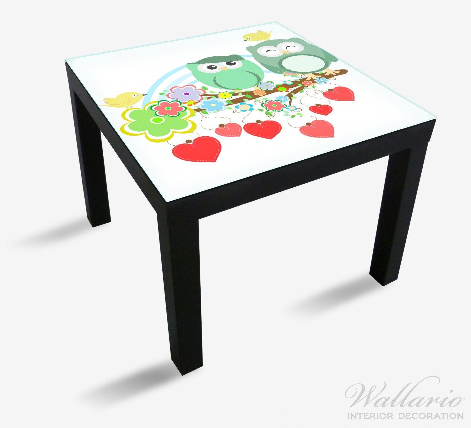 Wallario Tischplatte Bunte geeignet Vögeln kleinen Lack dem Ast für St), Eulen (1 Ikea mit Tisch auf