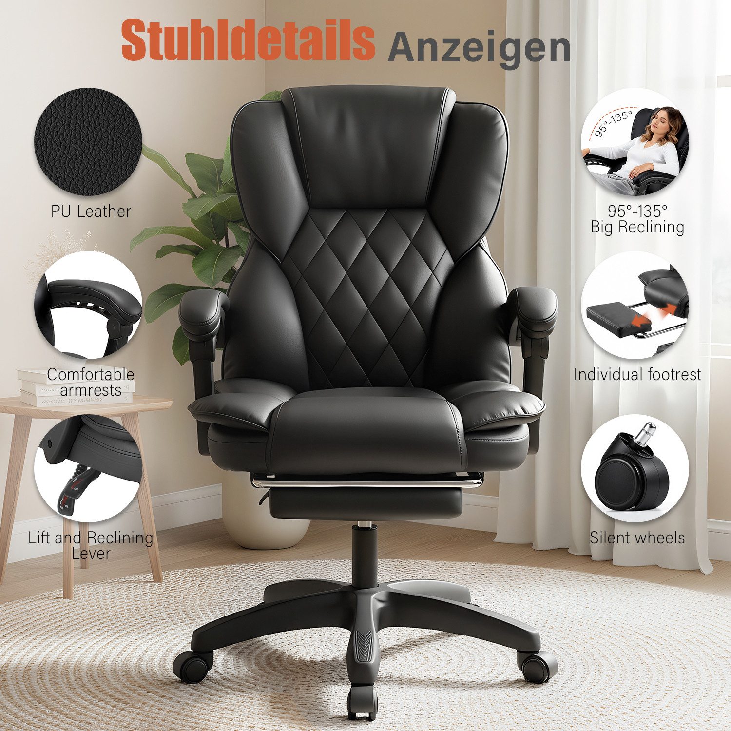 oyajia Bürostuhl Ergonomisch,mit Fußstütze, 135° neigbar (Drehstuhl aus PU leder, Belastbarkeit bis 150 kg), Schreibstuhl Höhenverstellbar, für Wohnzimmer, Büro