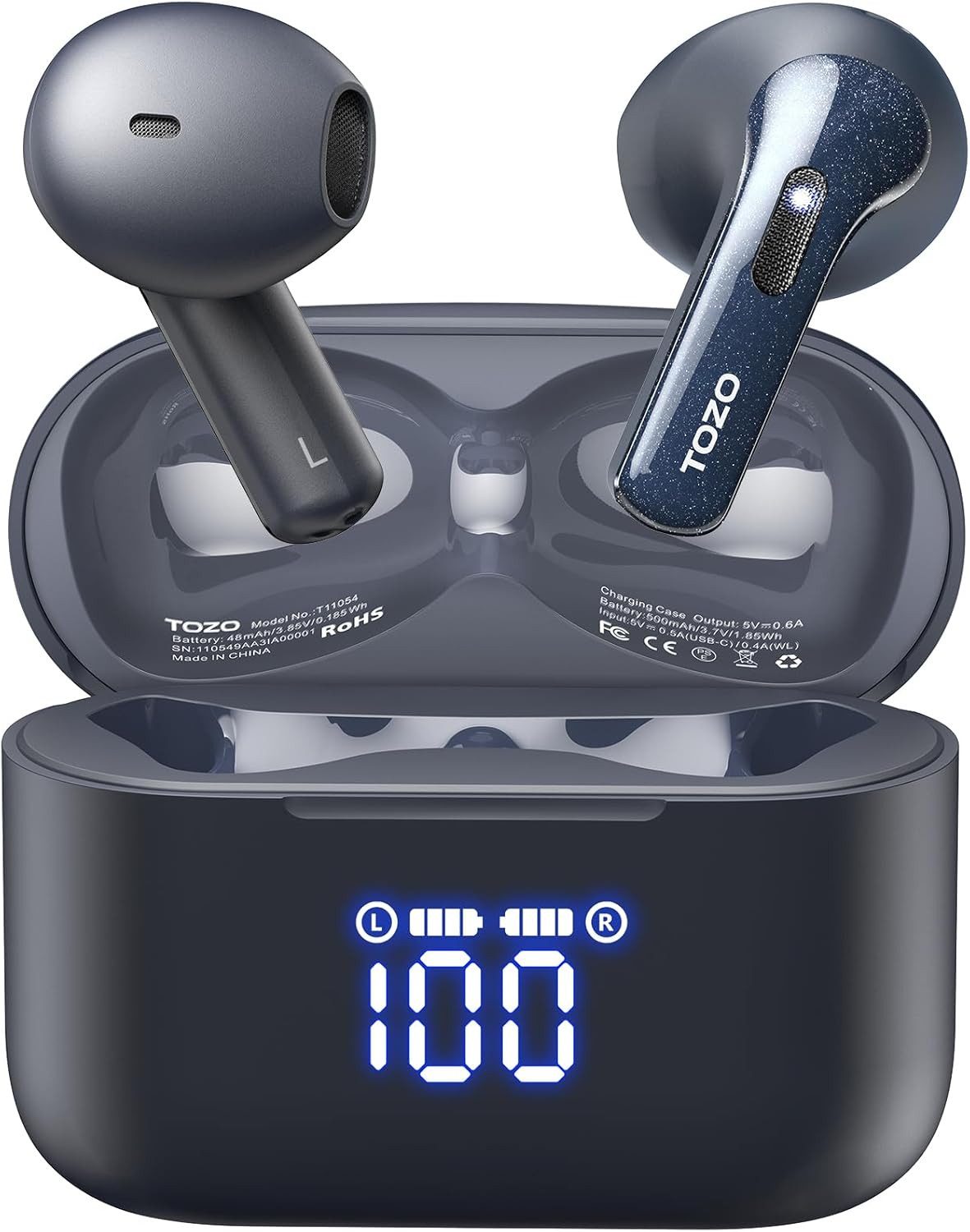 TOZO Dual-Mikrofon Noise Cancelling mit LED-Digitalanzeige,44 Std Spielzeit In-Ear-Kopfhörer (Passen Sie Ihr Audio mit 16 Equalizer-Modi, weißem Rauschen und personalisierten Klangeinstellungen in der App an und nutzen Sie OTA-Updates sowie Gestensteuerung., Bluetooth, Klangeinstellungen Stereo Sound,IPX8 Wasserdicht für Sport und Alltag)