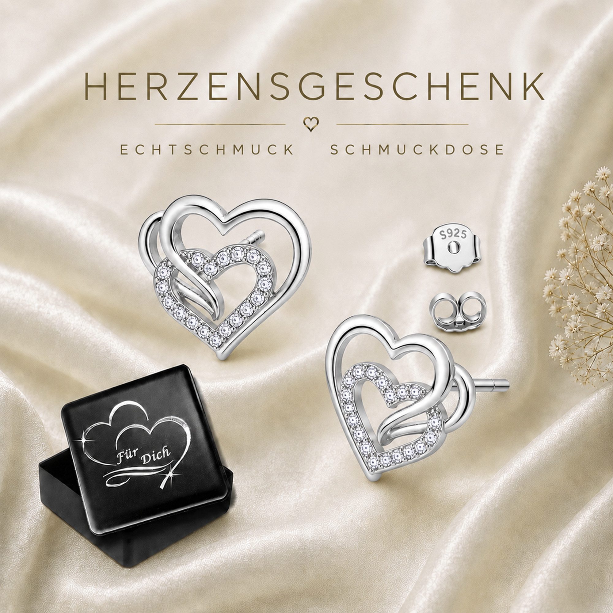 Limana Paar Ohrstecker mit Herz Damen Ohrringe 925 Silber vergoldet Zirkonia Geschenk (Freundin Frau Ehefrau Mama Schmuck inkl. Dose), Jahrestag Geburtstag Hochzeitstag Weihnachten Valentinstag Muttertag