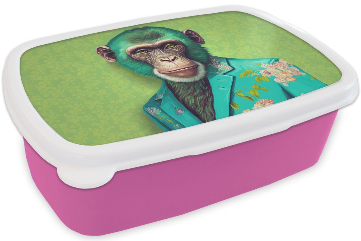 MuchoWow Lunchbox Affe (2-tlg), - Mädchen, - - Erwachsene, Porträt, Kinder, - Blumen Colbert rosa für Brotbox Kunststoff Brotdose Snackbox, Neon Kunststoff