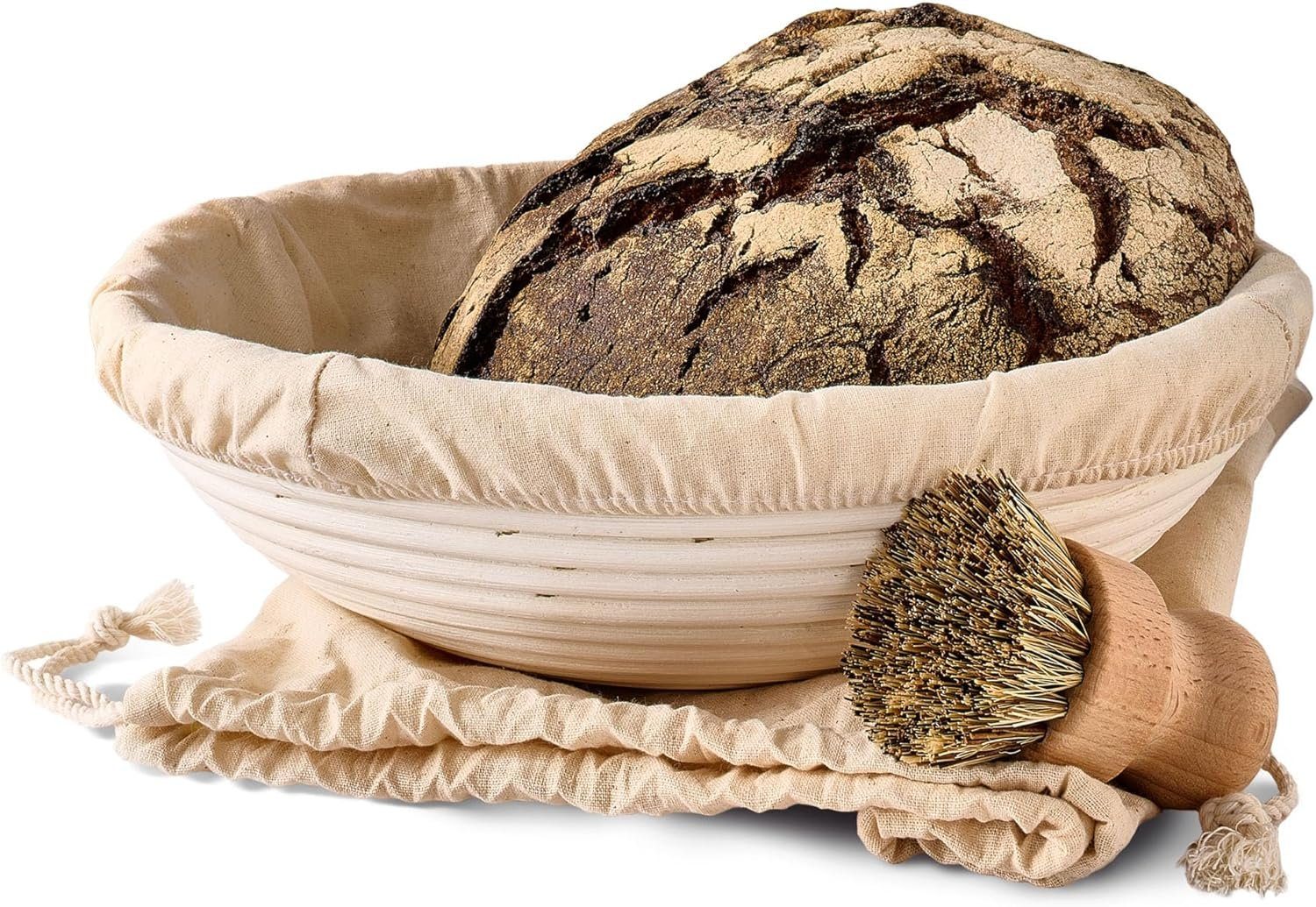 Praknu Gärkorb Gärkorb zum Brotbacken - Aus nachhaltigem Rattan - Rund - 30cm - Set, Aus nachhaltigem Rattan - Geruchsneutral - Mit Backutensilien