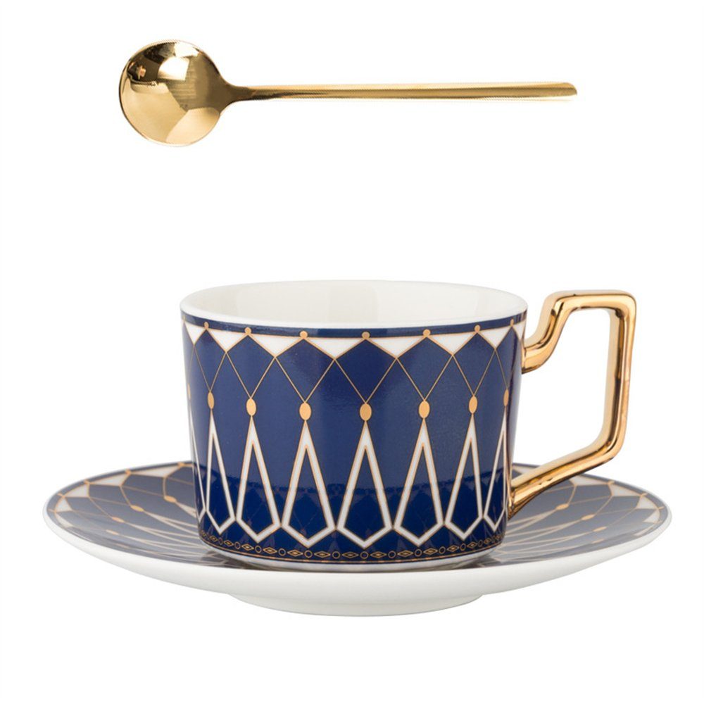Dekorative Kaffeeservice Europäischer Keramik-Kaffeebecher, Tasse & Untertasse Set (1-tlg), Teetasse mit Untertassen und Löffel, Ceramic Teetasse Set blau