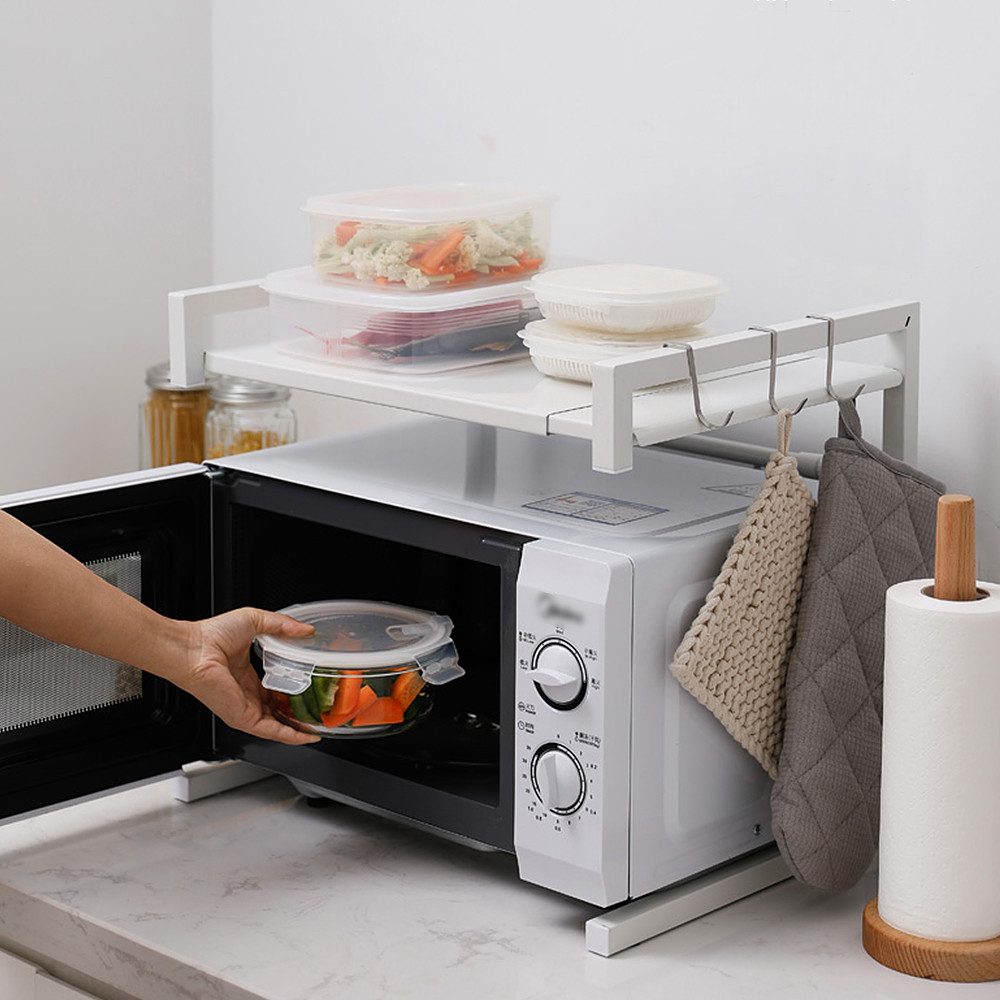 JEOBEST Regalelement Erweiterbares Mikrowellen Regal Mikrowellenhalter aus Kohlenstoffstahl, längenverstellbares Mikrowellen Regal(40-65cm) Rutschfeste Füße Weiß