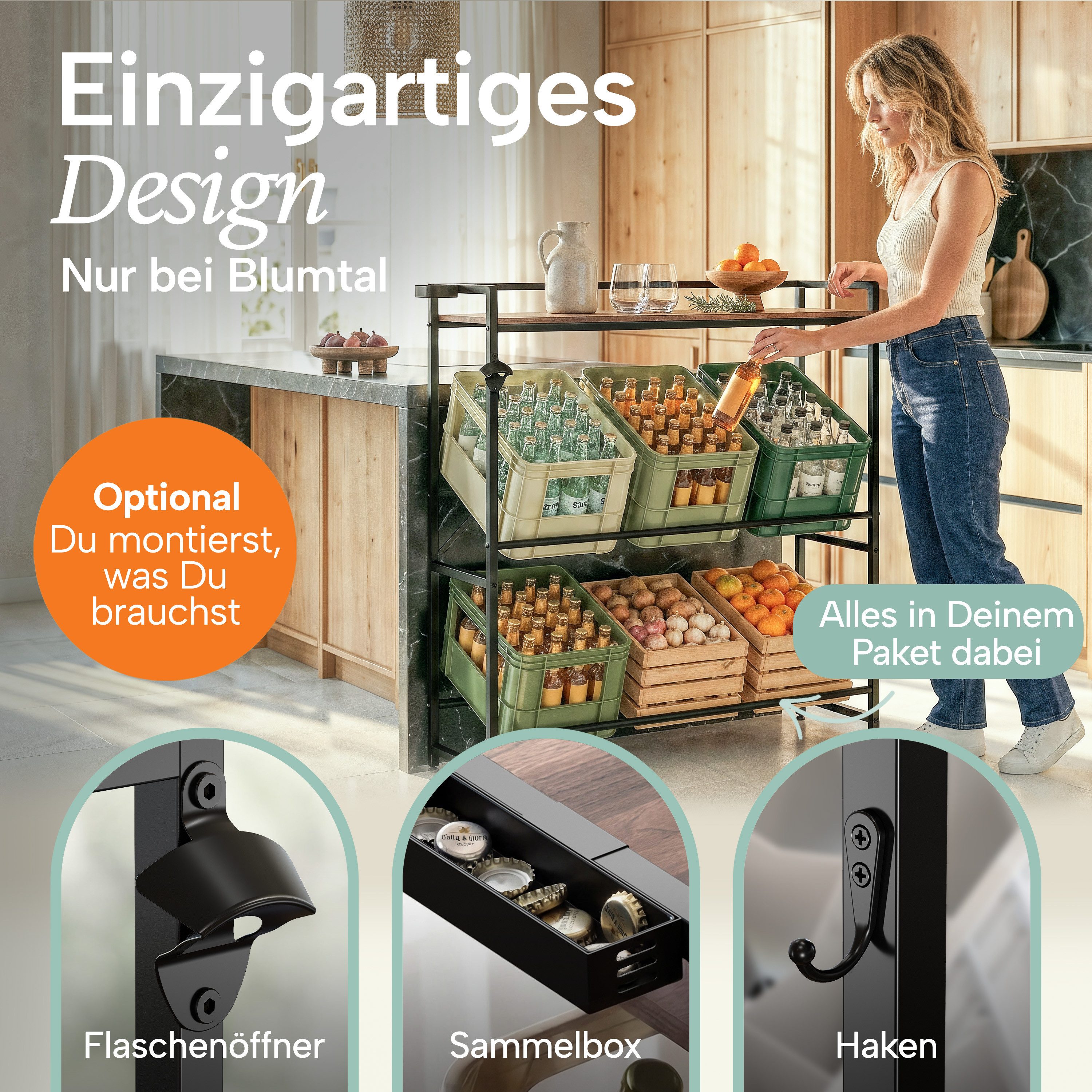 Blumtal Flaschenregal Getränkekistenregal mit Ablage Holzoptik, Kistenregal Metall/Getränkeregal + integriertem Flaschenöffner & Haken – Bild 2 von 5