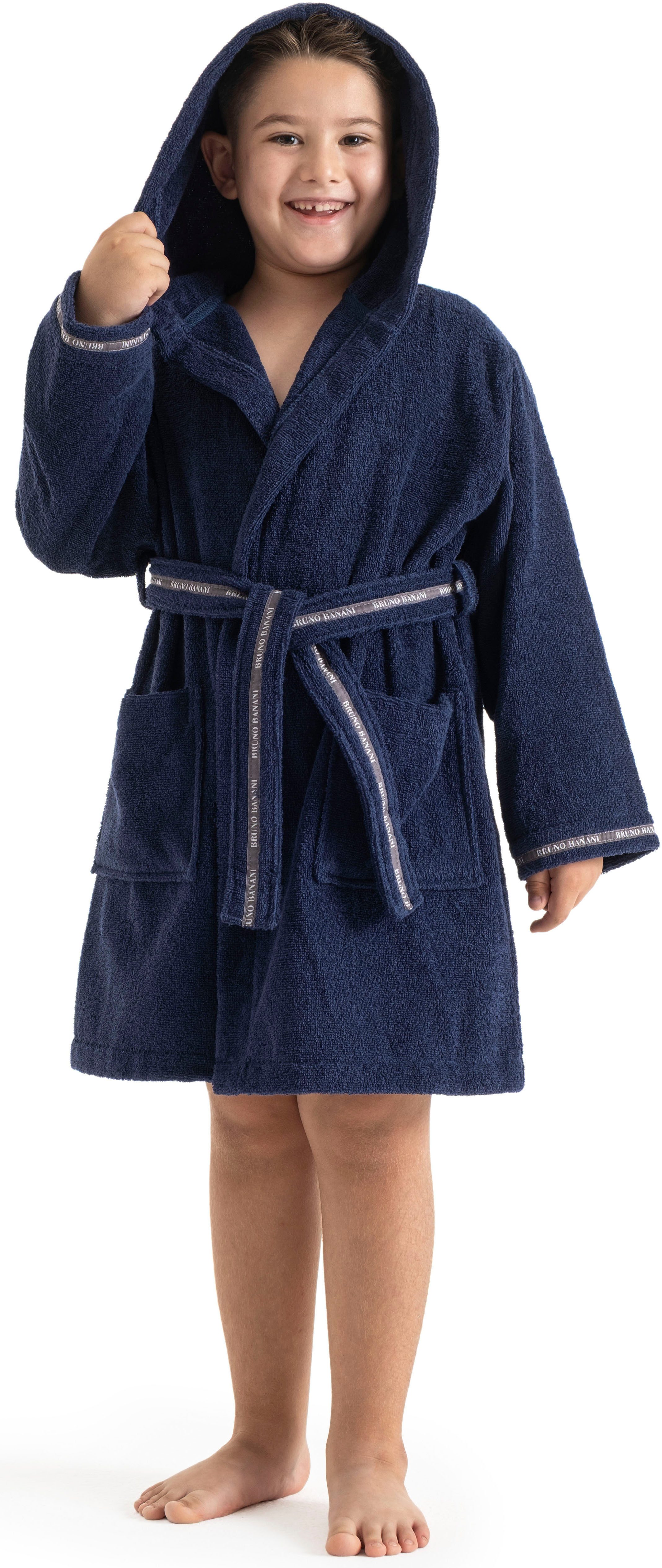 Bruno Banani Kinderbademantel Danny, Ideal für Zuhause, Schwimmbad oder im Urlaub, Langform, Walkfrottee, Kapuze, Gürtel, mit Logostreifen, aus 100% Baumwolle