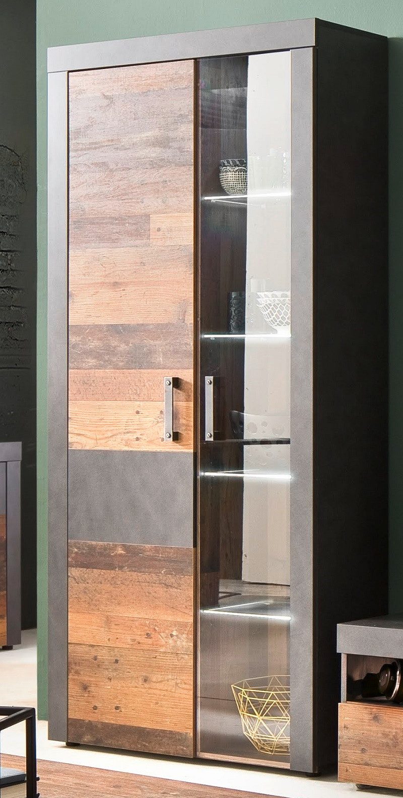 trendteam Vitrine Vitrine Indy Old Used Wood / Matera grau inkl. LED Beleuchtung Shabby