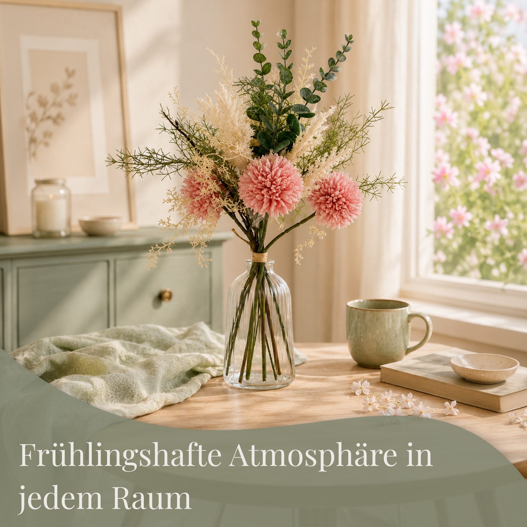 matches21 HOME & HOBBY Bilderrahmen Kunstblumen-Strauß rosa mit Dahlien Eukalyptus wie echt, Großer Blumen-Strauß für Vasen als realistische Blumen-Deko – Bild 4 von 5
