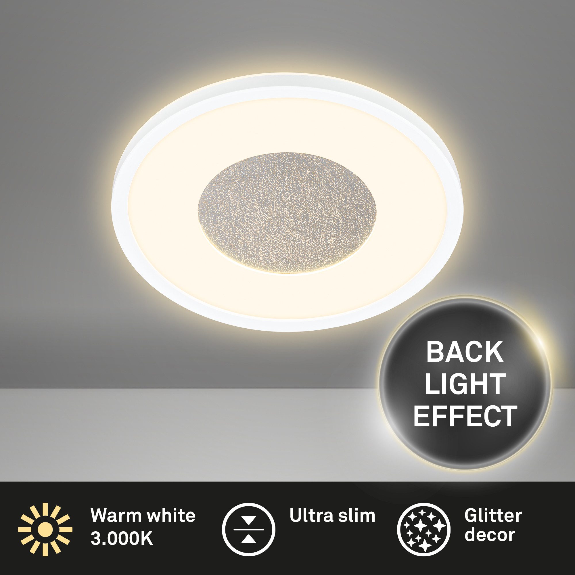Briloner Leuchten Deckenleuchte LED Deckenlampe Extra-Warmweiß Wohnzimmer Schlafzimmer, Kristall, LED fest integriert, 2700K - Extra - Warmweiß, LED Deckenlampe 29 x 3 cm Schwarz-Holz 18W Wohnzimmer Schlafzimmer