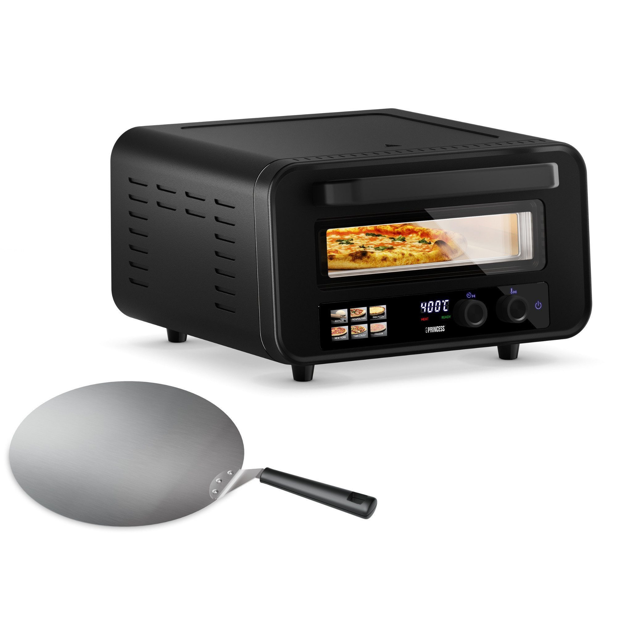 PRINCESS Minibackofen Princess 112780 Pizzaofen Pro Max - Benutzerfreundliche digitale Steue, 15L, 400°C, Digitales Bedienfeld, 2100W, Pizzastein & Schaufel