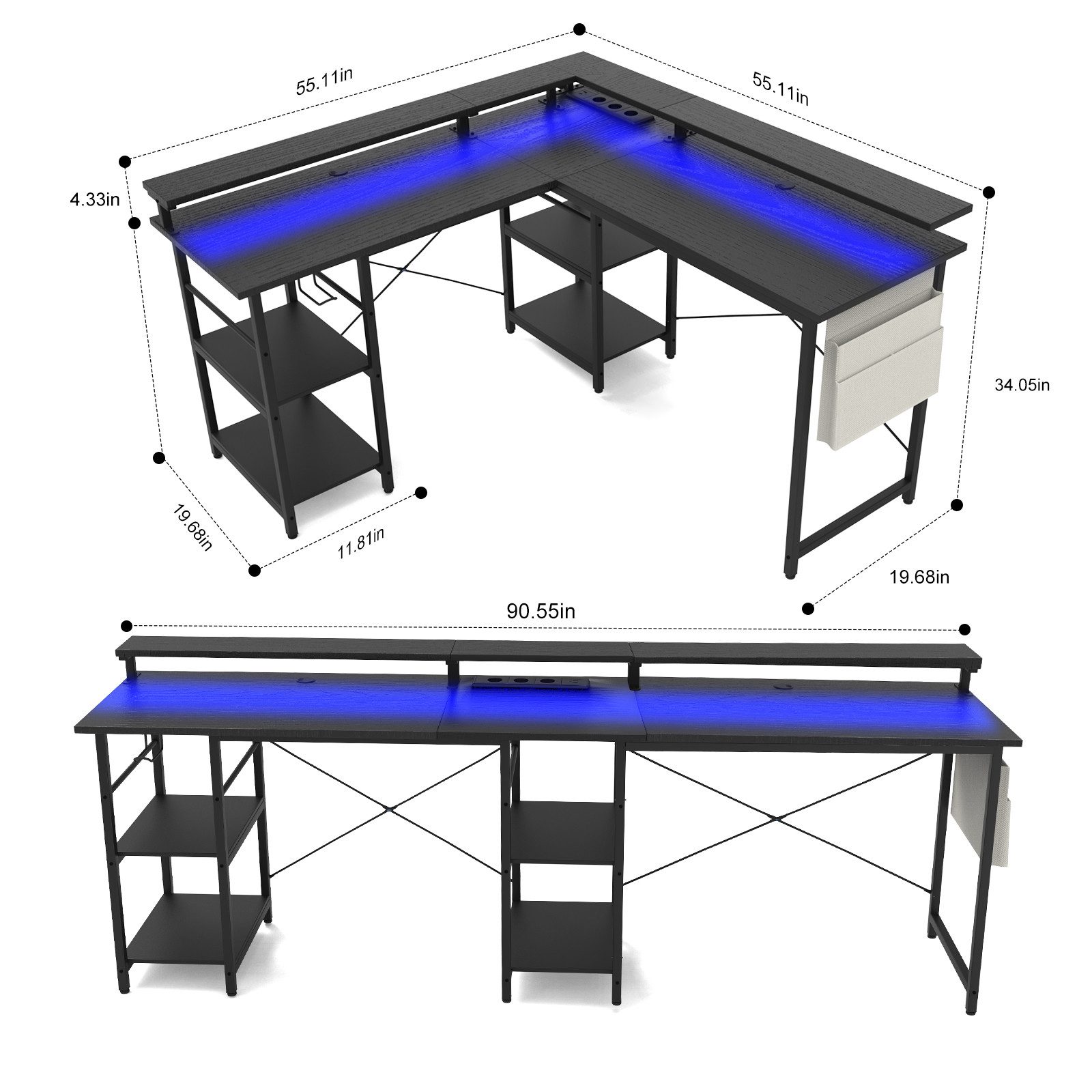 BBWL Computertisch L-förmiger Gaming-Schreibtisch mit LED, Steckdose, Monitorständer, 140 x 140 x 85 cm,mit Ablagefach, langer 2-Personen-Schreibtisch