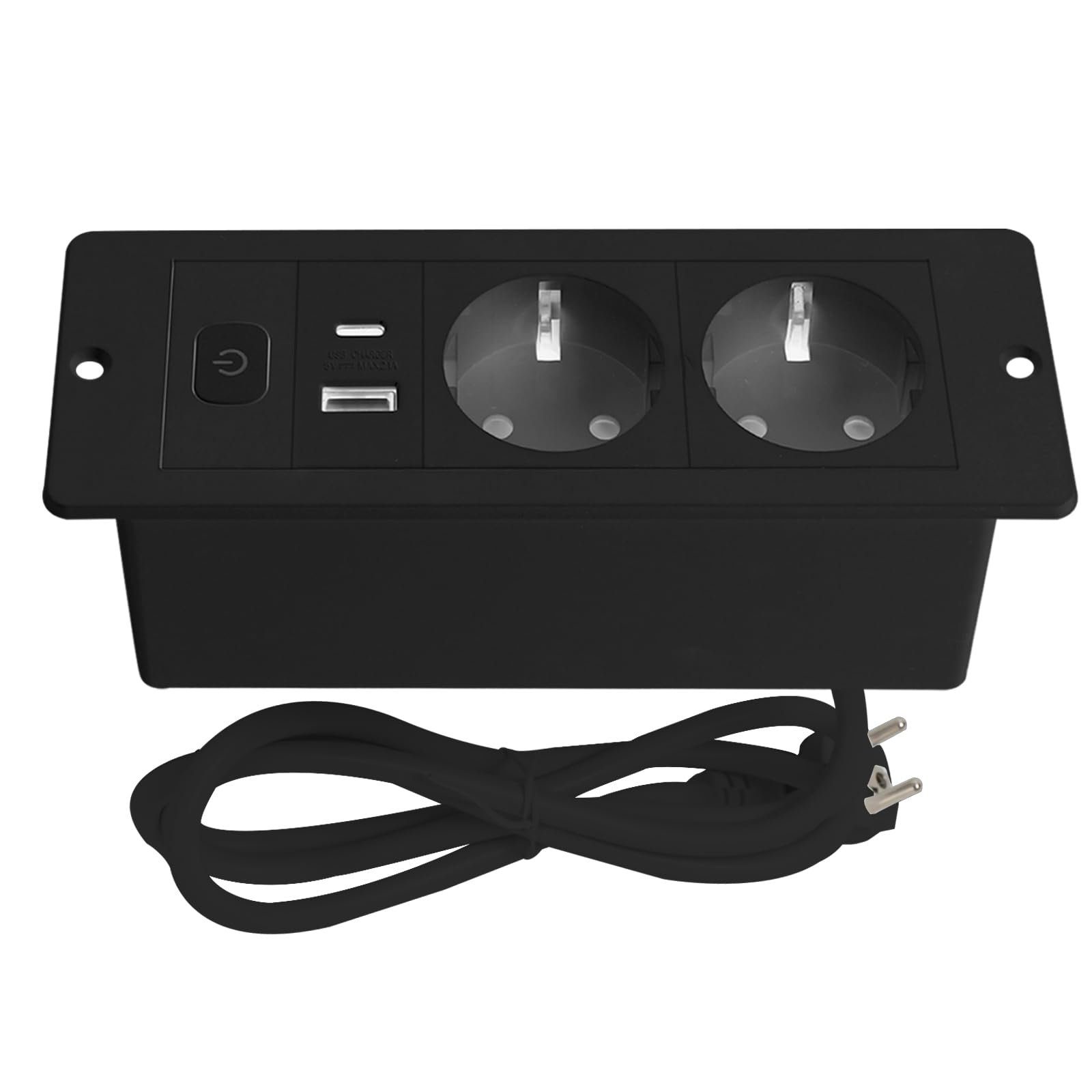 TWSOUL Tischplatte Versenkte Steckdose, 2 Fach Tischsteckdose mit USB & Typ-C Розеткиleiste (Ein- / Ausschalter, USB-Anschluss)