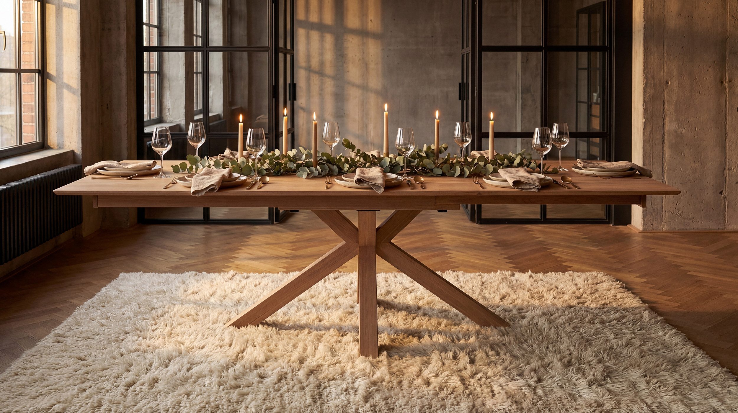 Massivart® dining table, solid wild oak, oiled, extendable / Spider frame wood / RICARDO, Swiss edge • internal butterfly extension • Pure nature