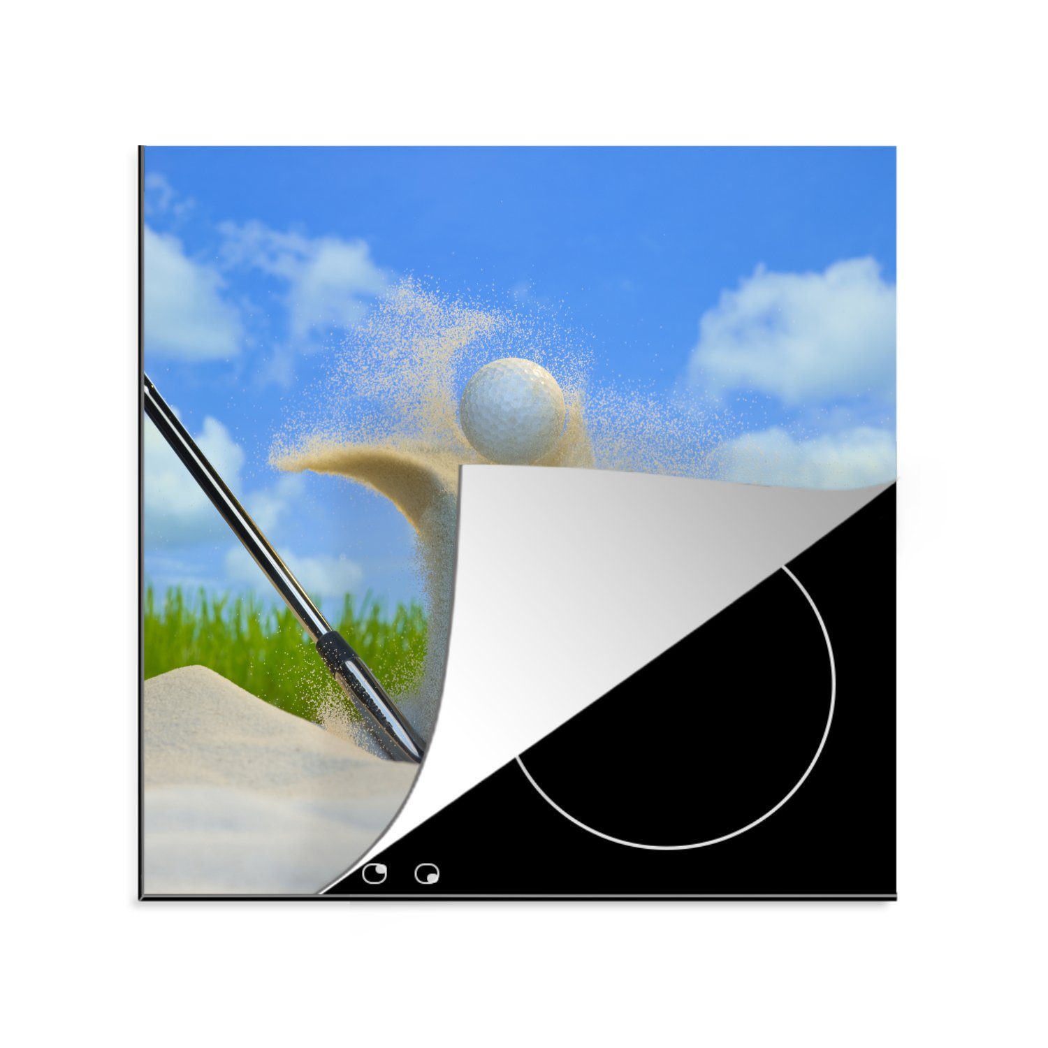 MuchoWow Herdblende-/Abdeckplatte Ein Golfer schlägt den Ball aus dem Bunker, Vinyl, (1 tlg), 78x78 cm, Ceranfeldabdeckung, Arbeitsplatte für küche